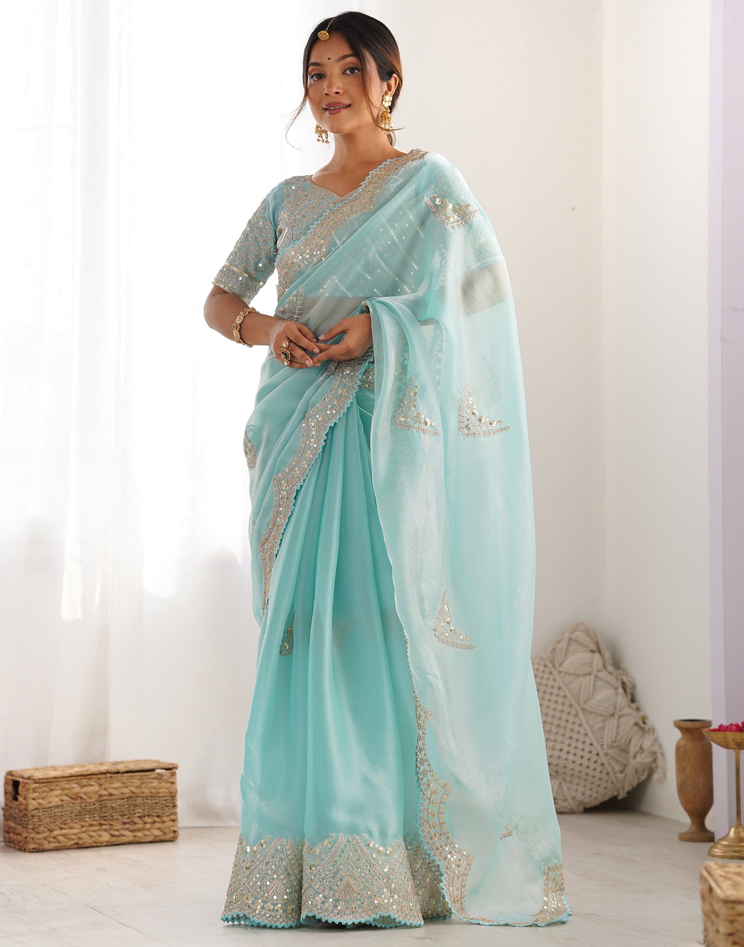 Sky Blue Organza Dyed Embellished Saree