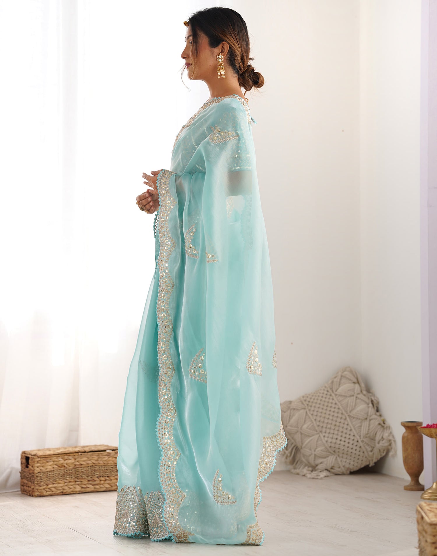 Sky Blue Organza Dyed Embellished Saree