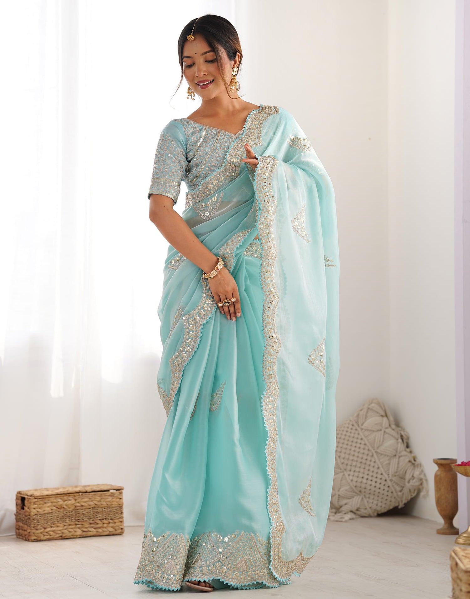 Sky Blue Organza Dyed Embellished Saree