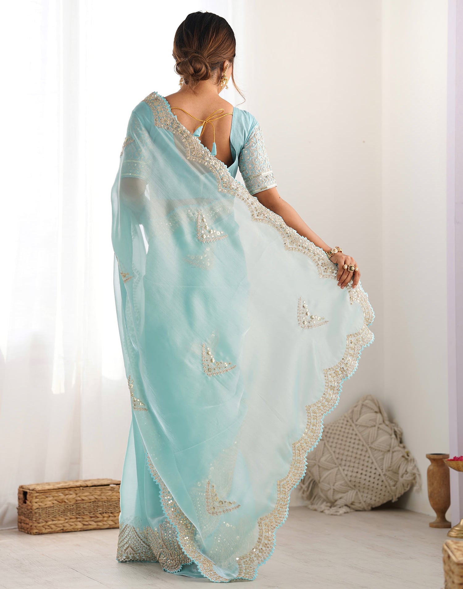 Sky Blue Organza Dyed Embellished Saree