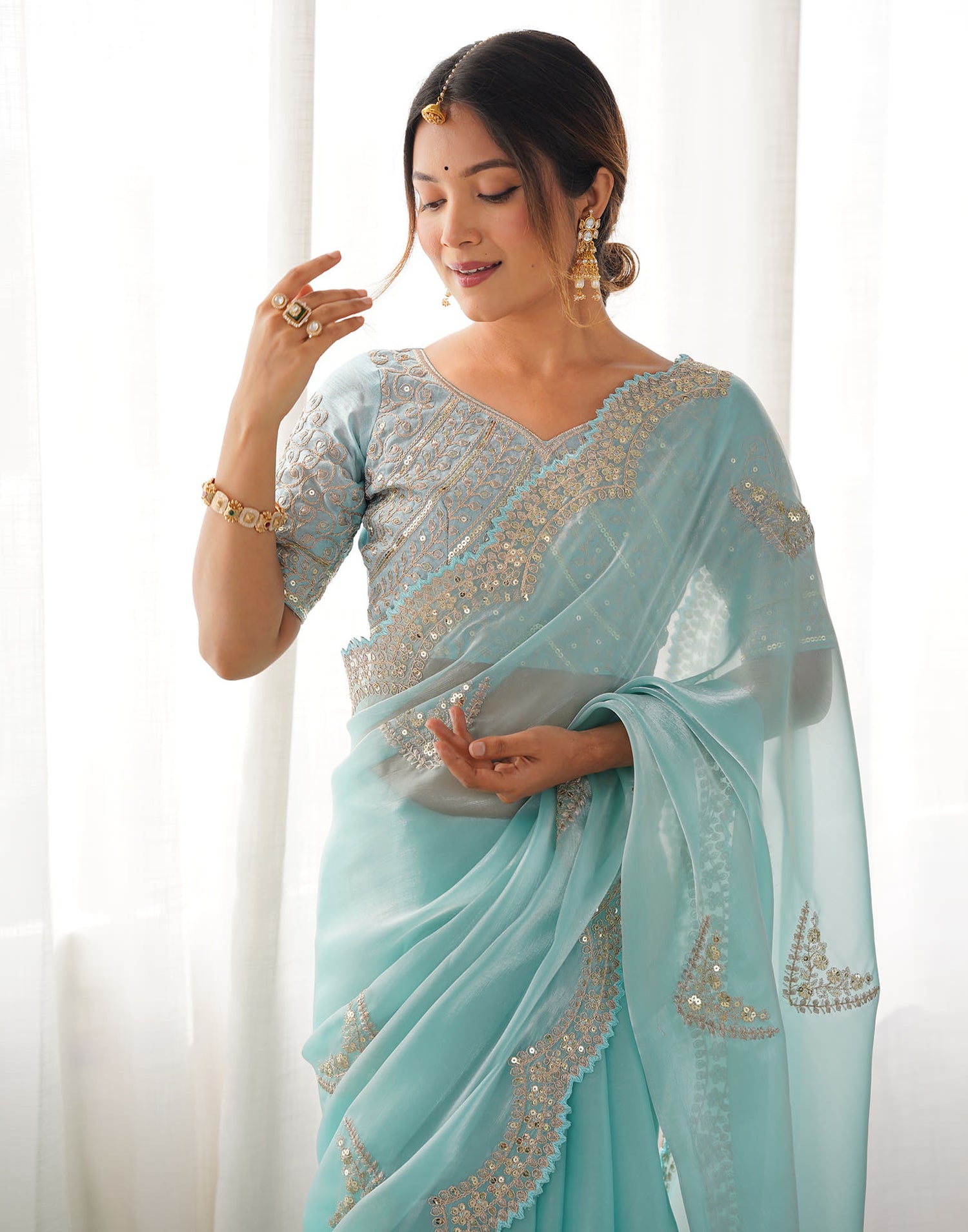 Sky Blue Organza Dyed Embellished Saree