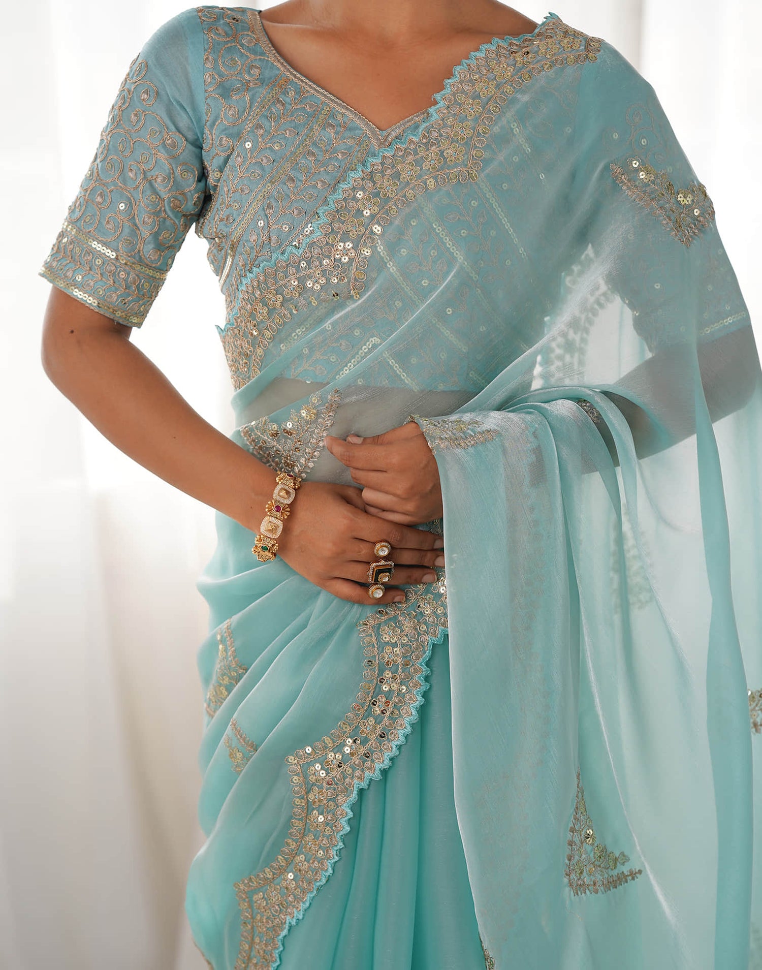 Sky Blue Organza Dyed Embellished Saree