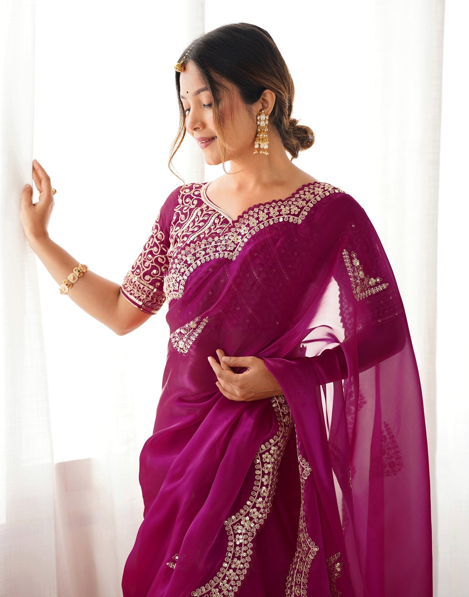 Rani Pink Organza Dyed Embellished Saree