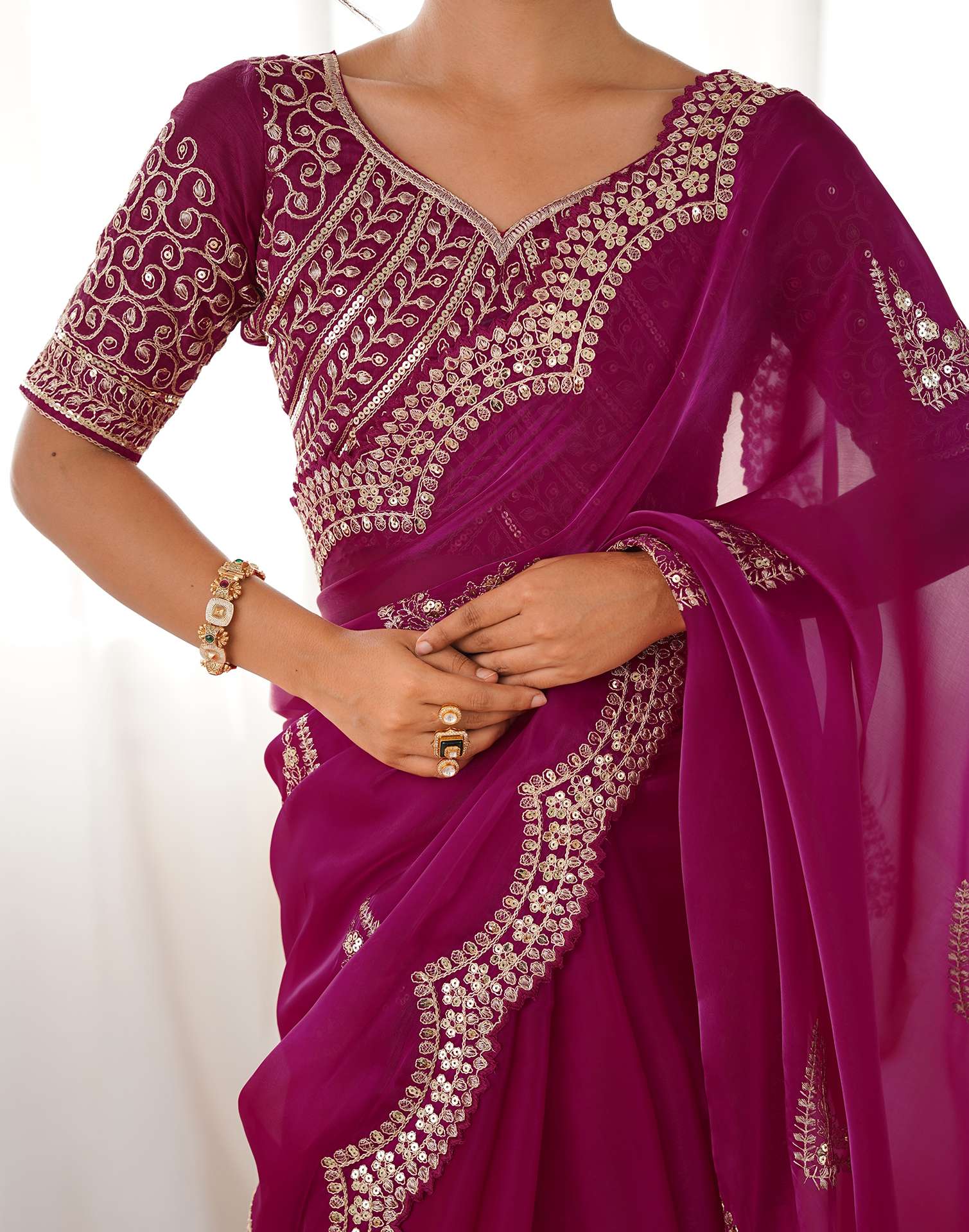 Rani Pink Organza Dyed Embellished Saree