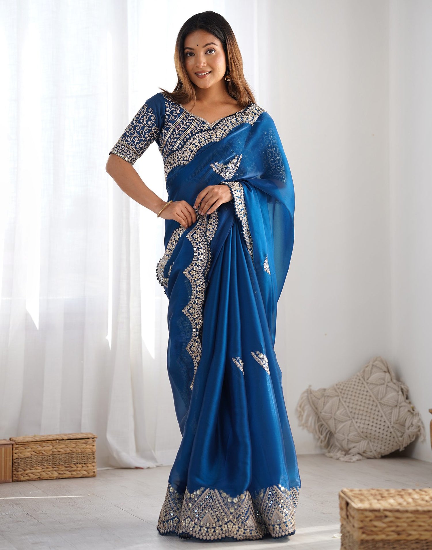Rama Blue Organza Dyed Embellished Saree