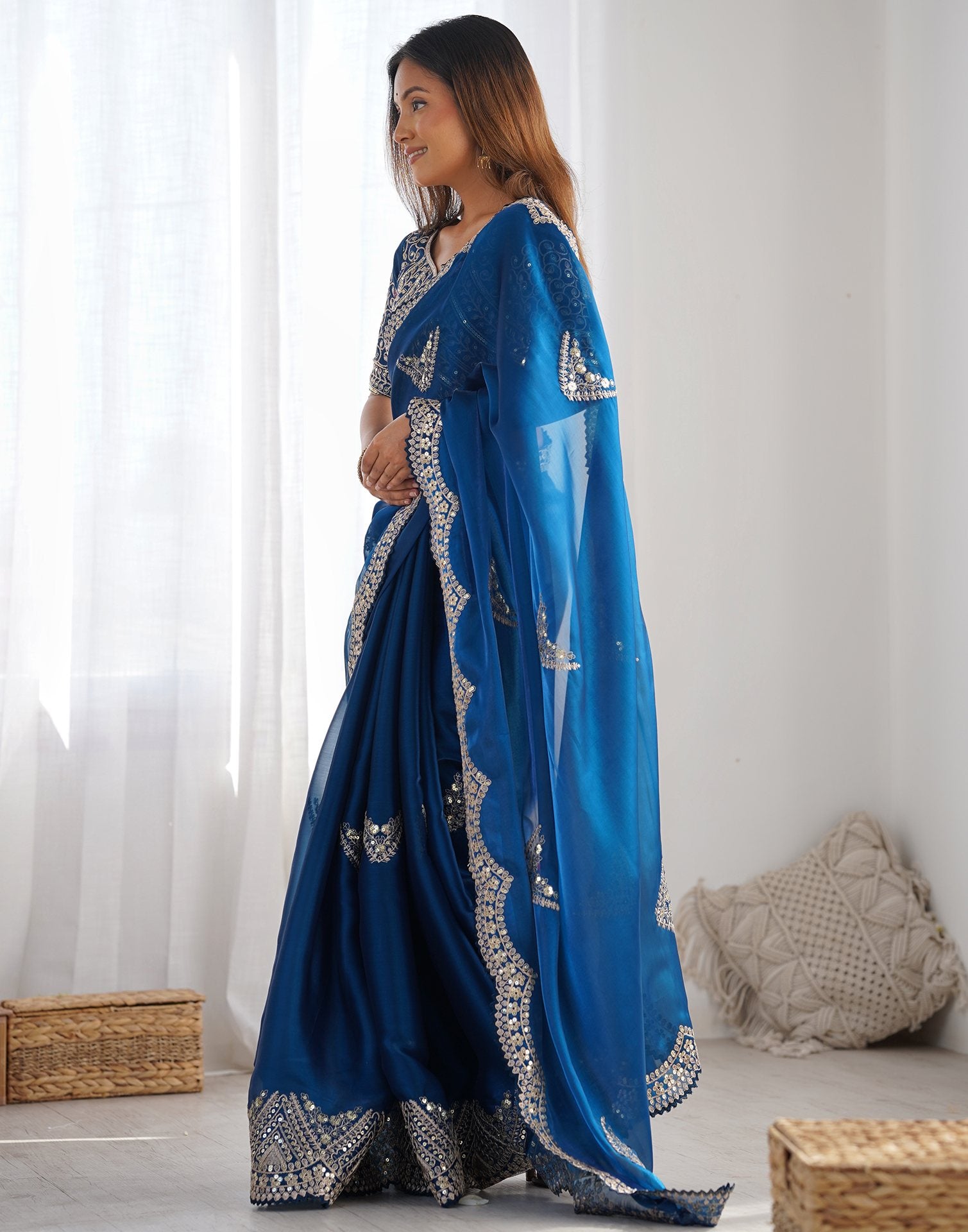 Rama Blue Organza Dyed Embellished Saree