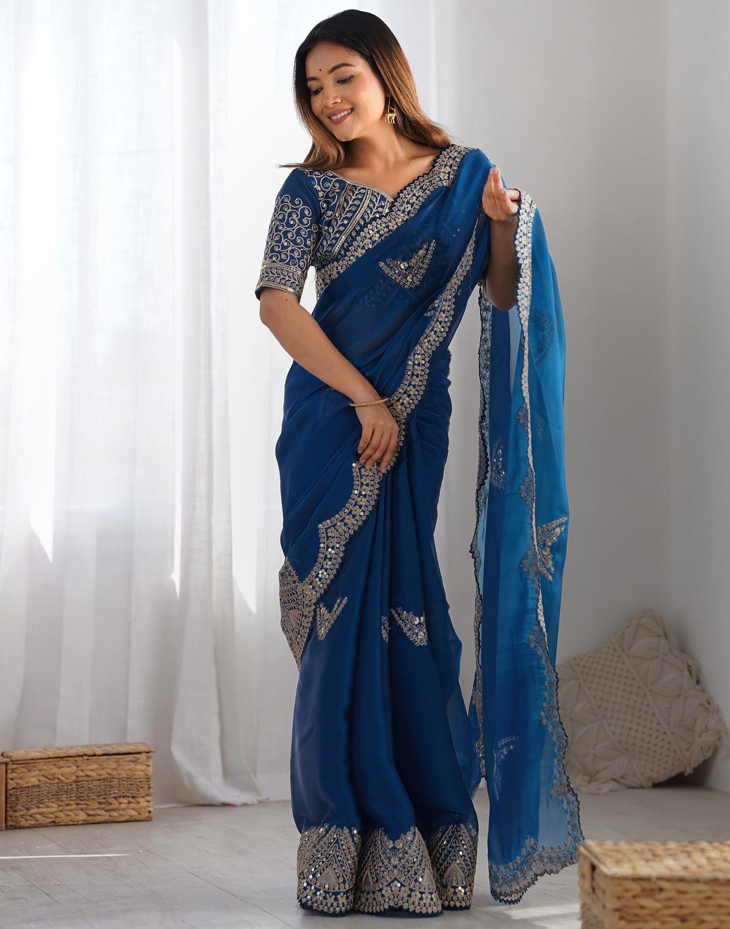 Rama Blue Organza Dyed Embellished Saree