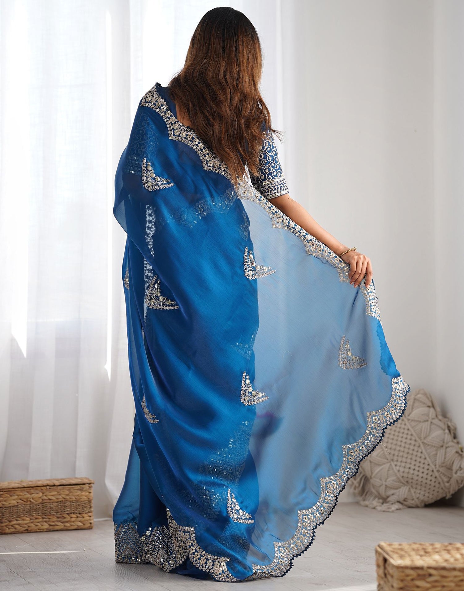 Rama Blue Organza Dyed Embellished Saree