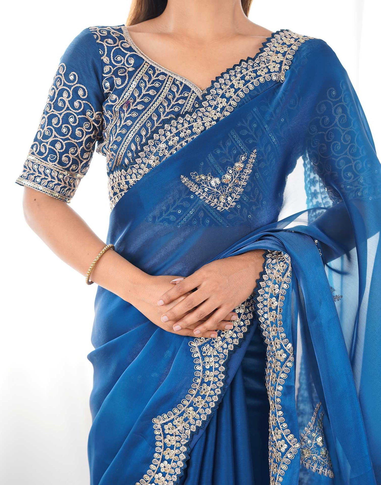 Rama Blue Organza Dyed Embellished Saree