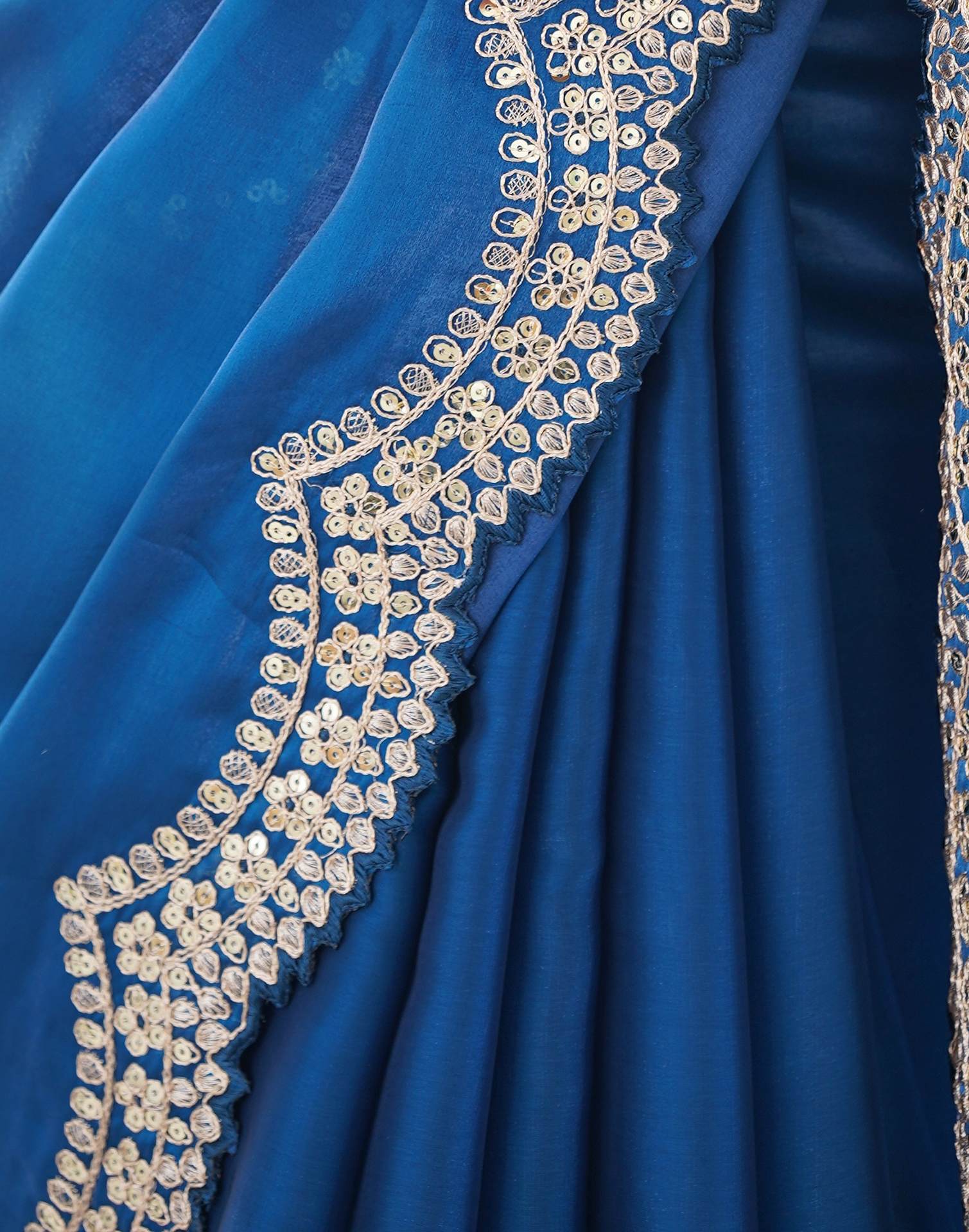 Rama Blue Organza Dyed Embellished Saree