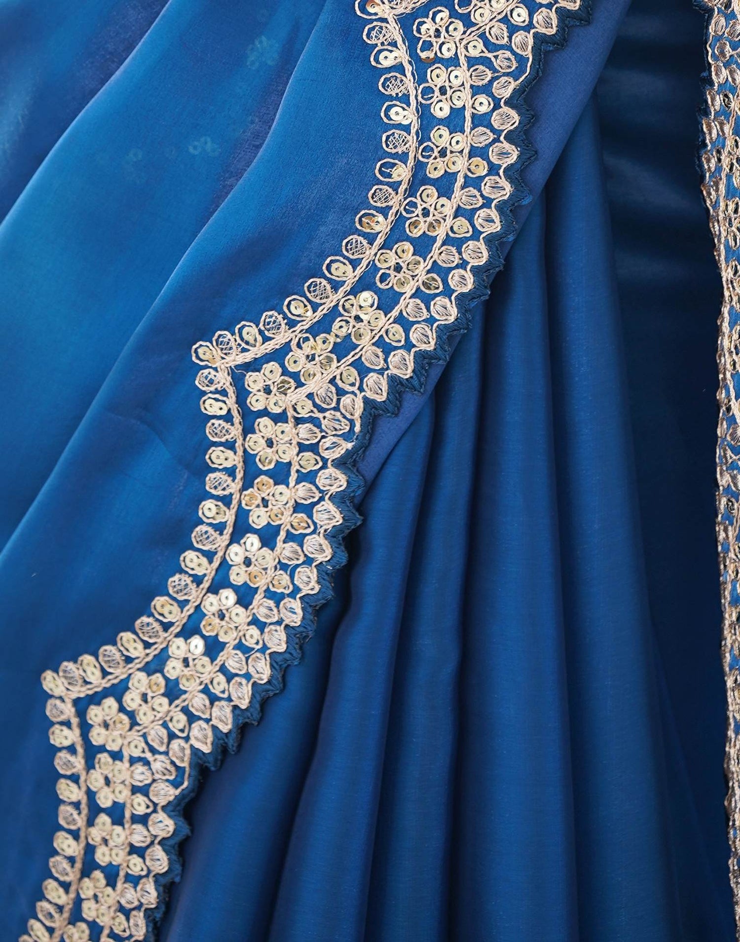 Rama Blue Organza Dyed Embellished Saree
