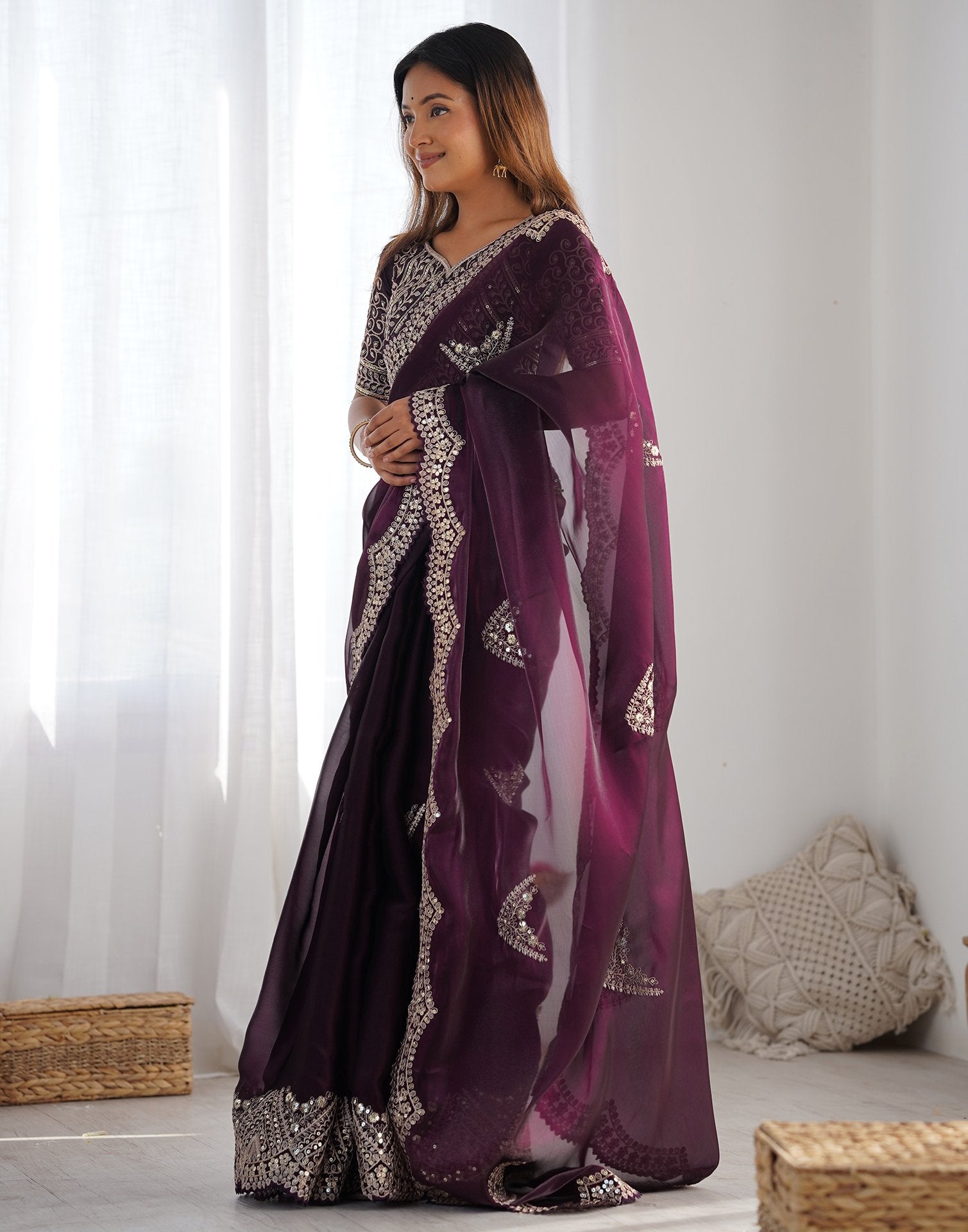 Wine Organza Dyed Embellished Saree