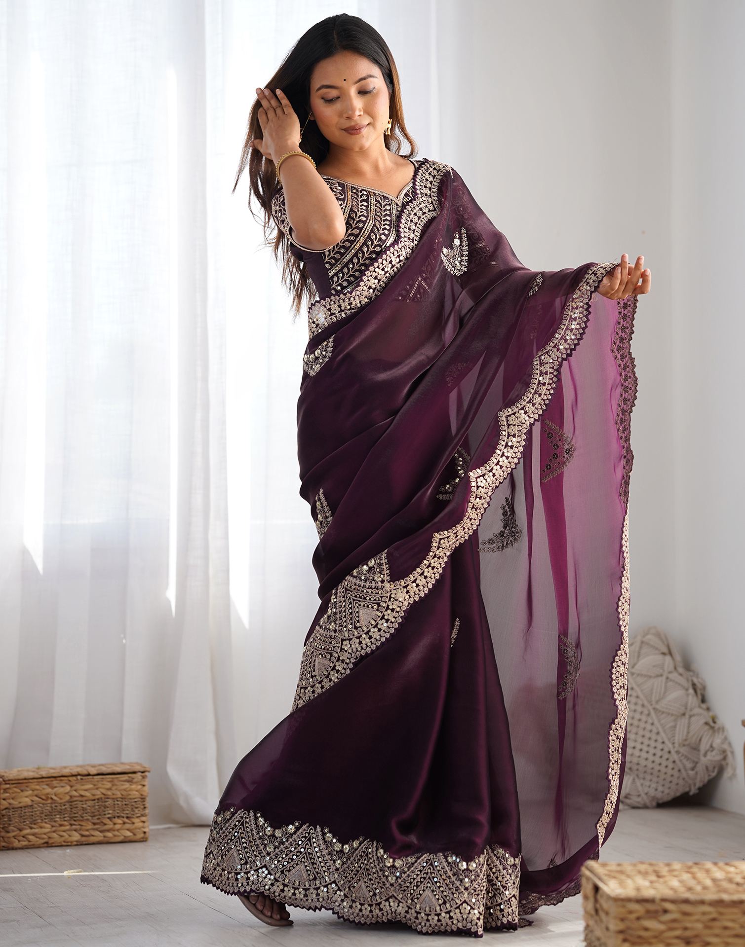 Wine Organza Dyed Embellished Saree