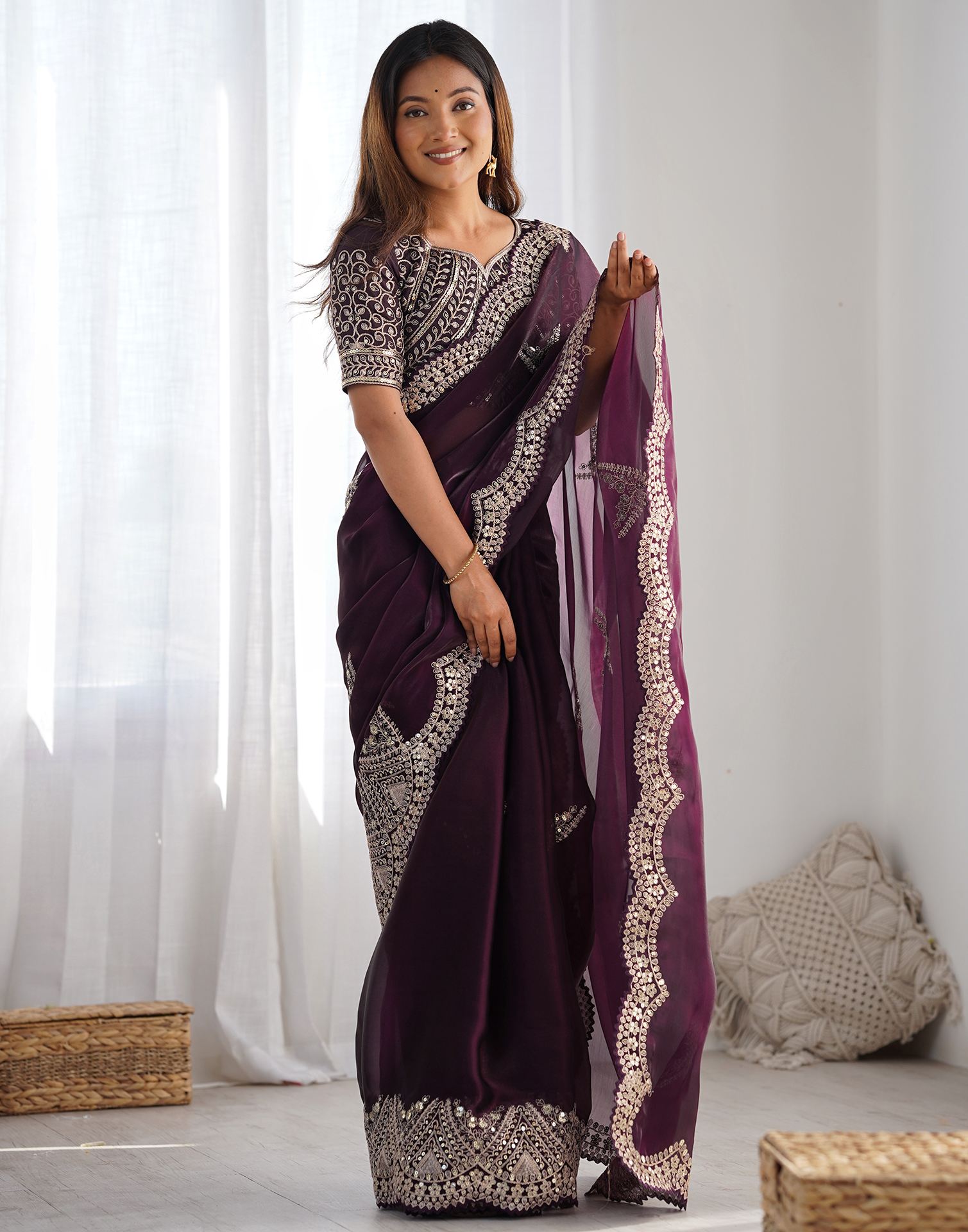 Wine Organza Dyed Embellished Saree