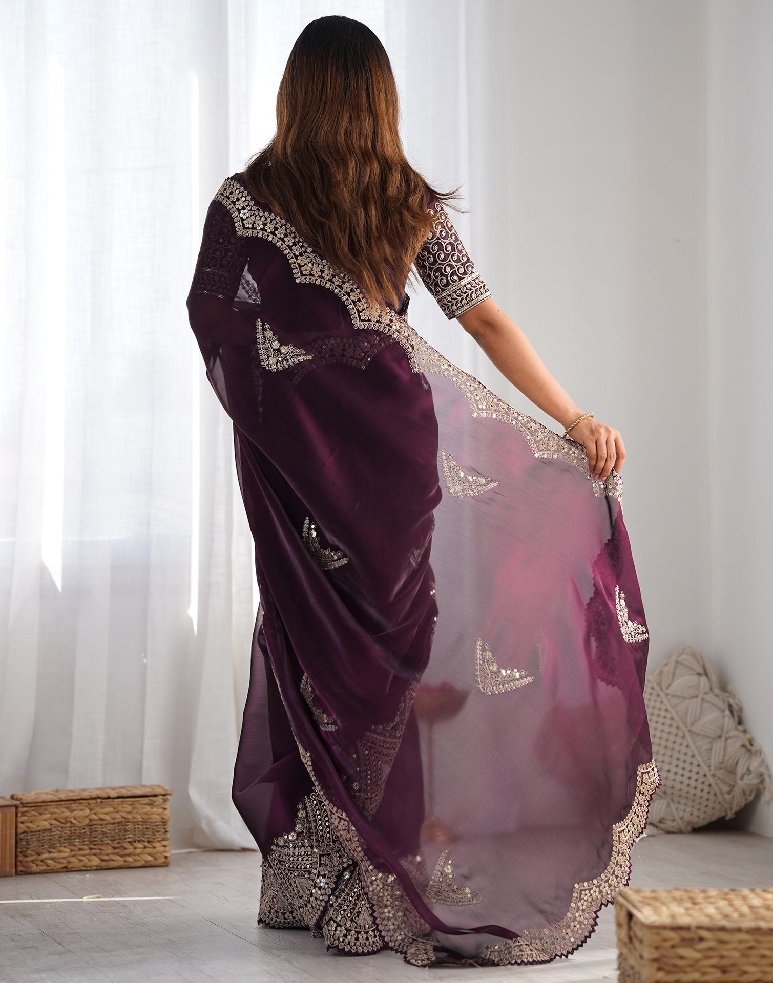 Wine Organza Dyed Embellished Saree