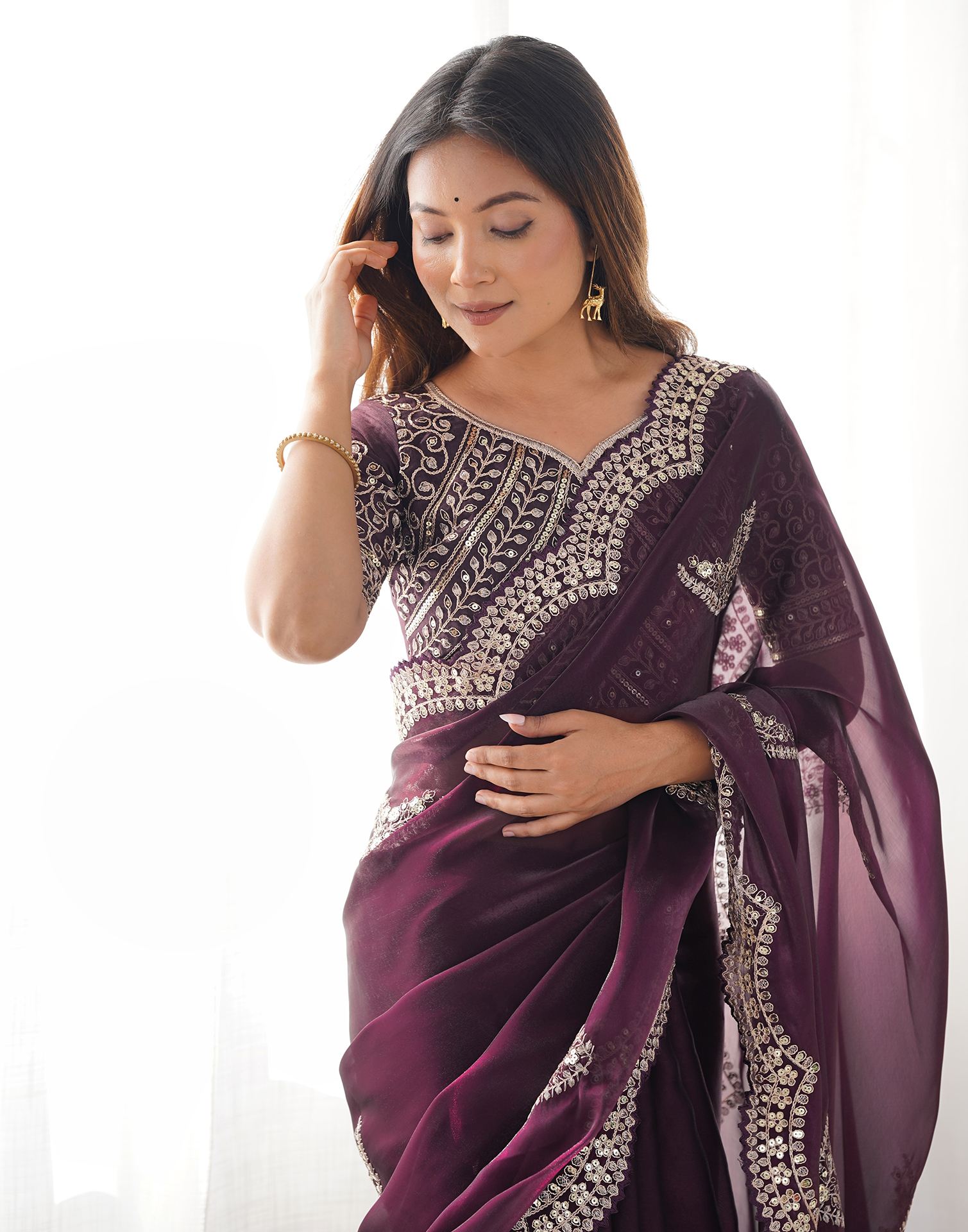 Wine Organza Dyed Embellished Saree