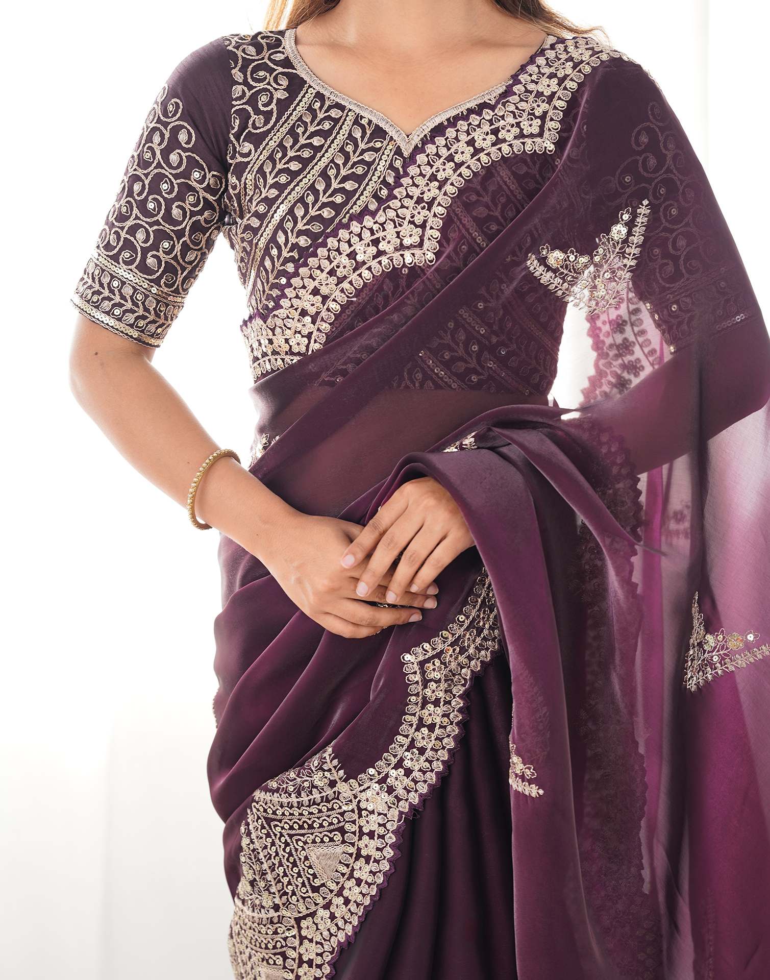 Wine Organza Dyed Embellished Saree