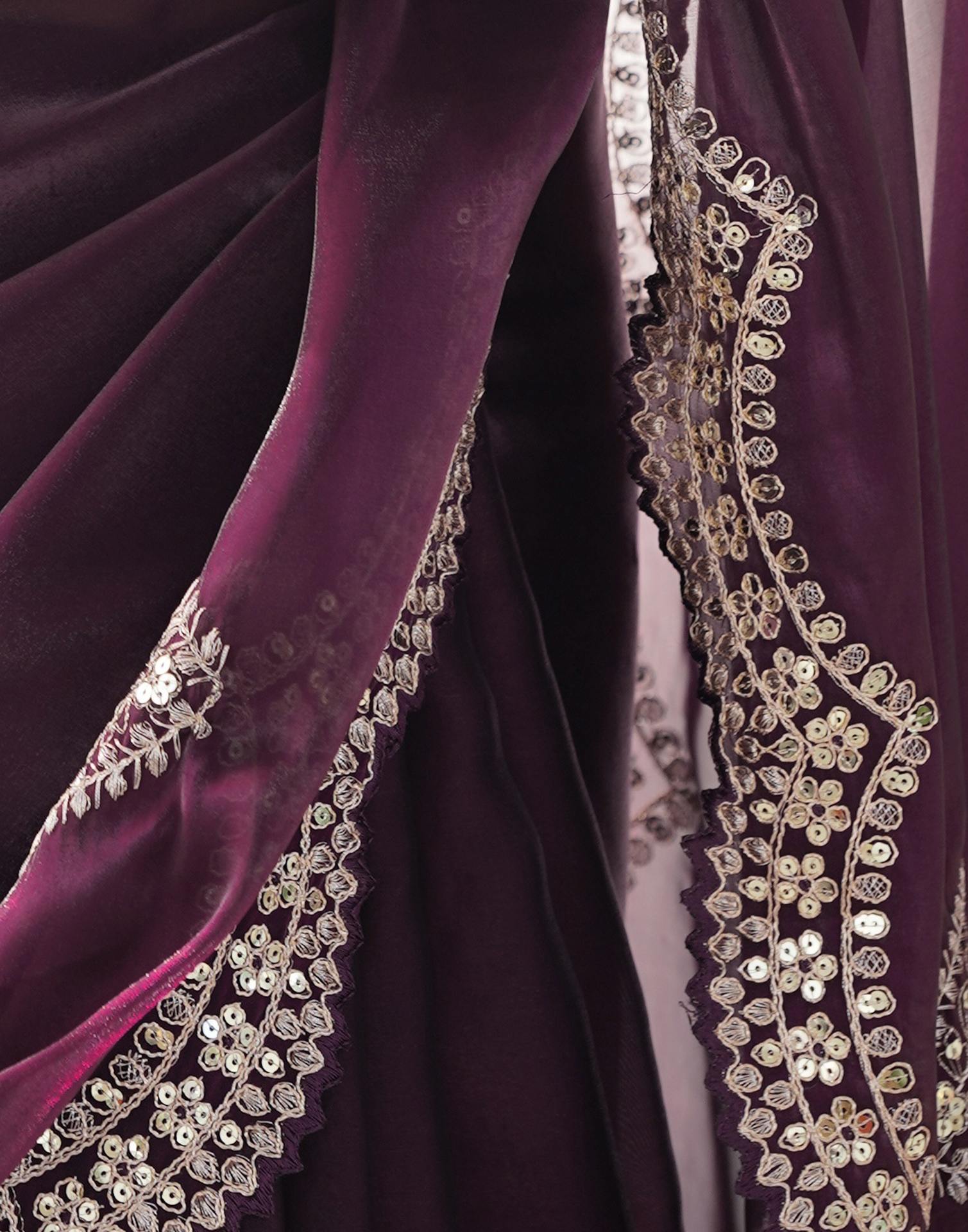 Wine Organza Dyed Embellished Saree