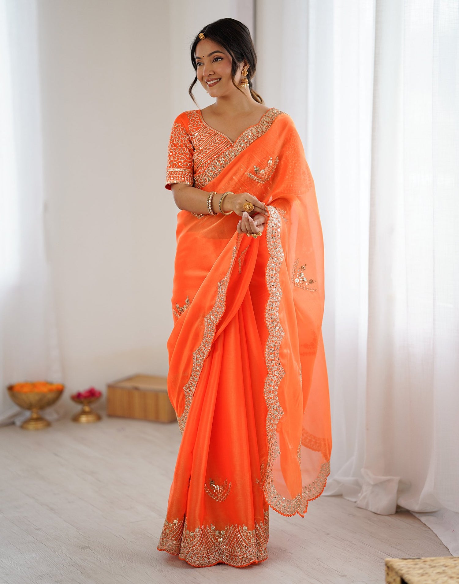 Orange Tissue Silk Sequence Embroidery Saree