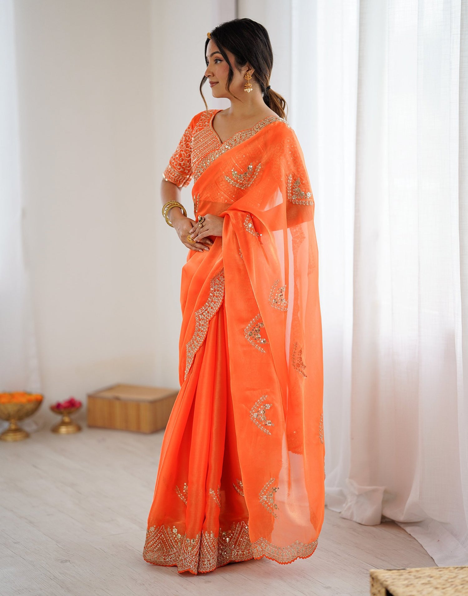 Orange Tissue Silk Sequence Embroidery Saree
