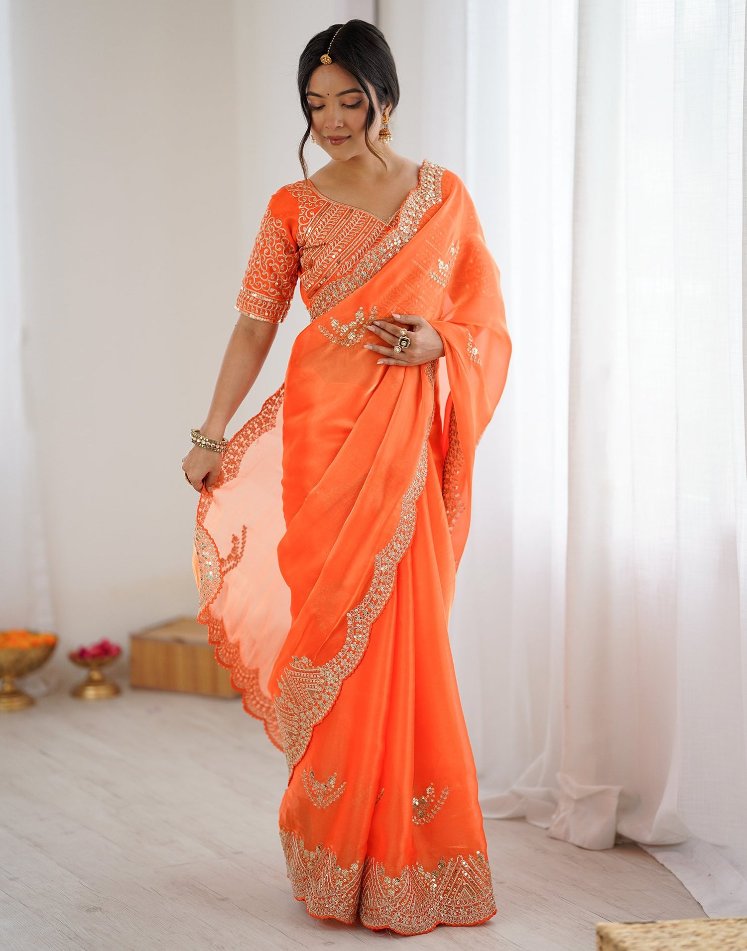Orange Tissue Silk Sequence Embroidery Saree
