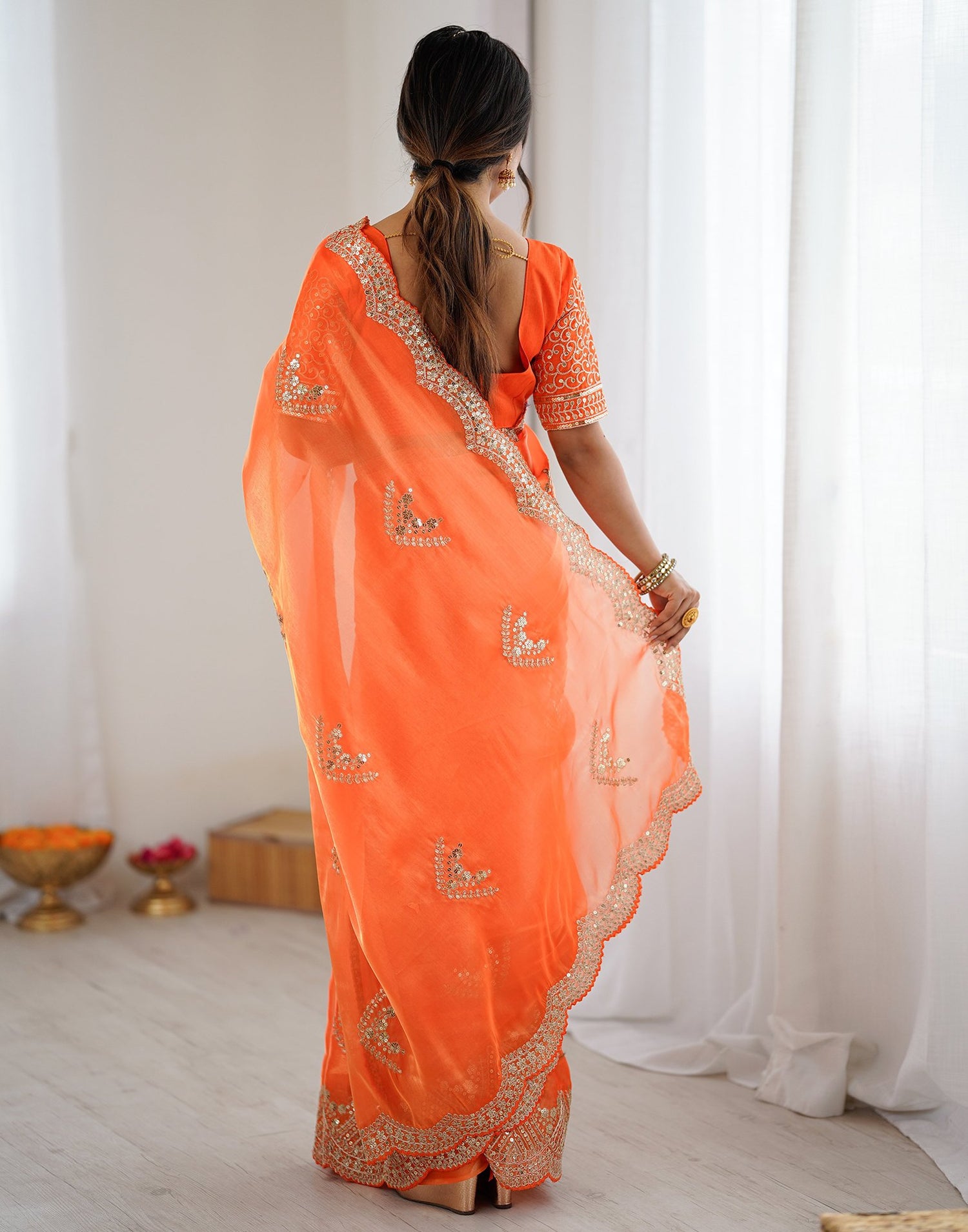 Orange Tissue Silk Sequence Embroidery Saree