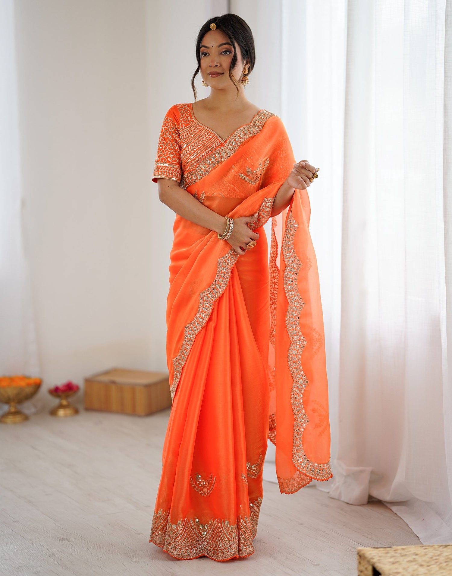 Orange Tissue Silk Sequence Embroidery Saree