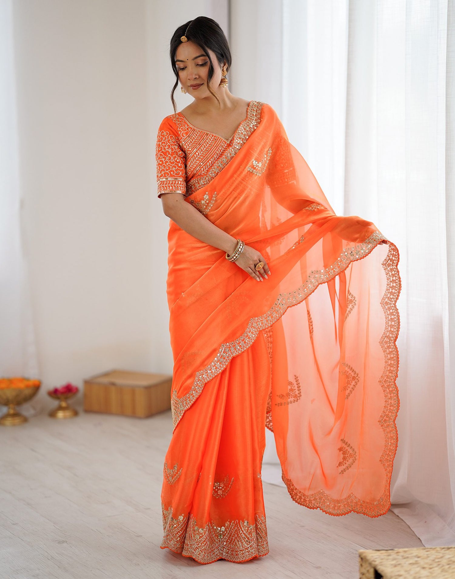 Orange Tissue Silk Sequence Embroidery Saree