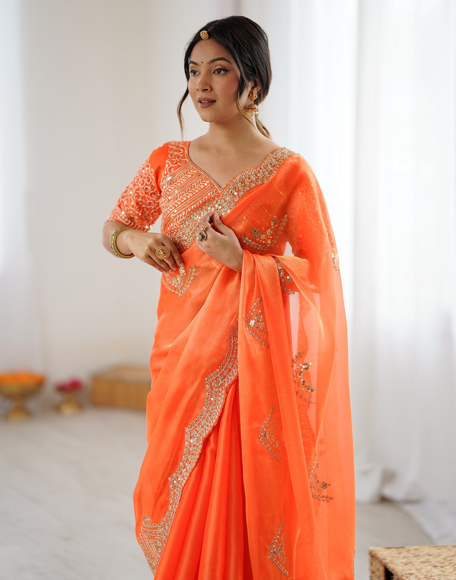 Orange Tissue Silk Sequence Embroidery Saree