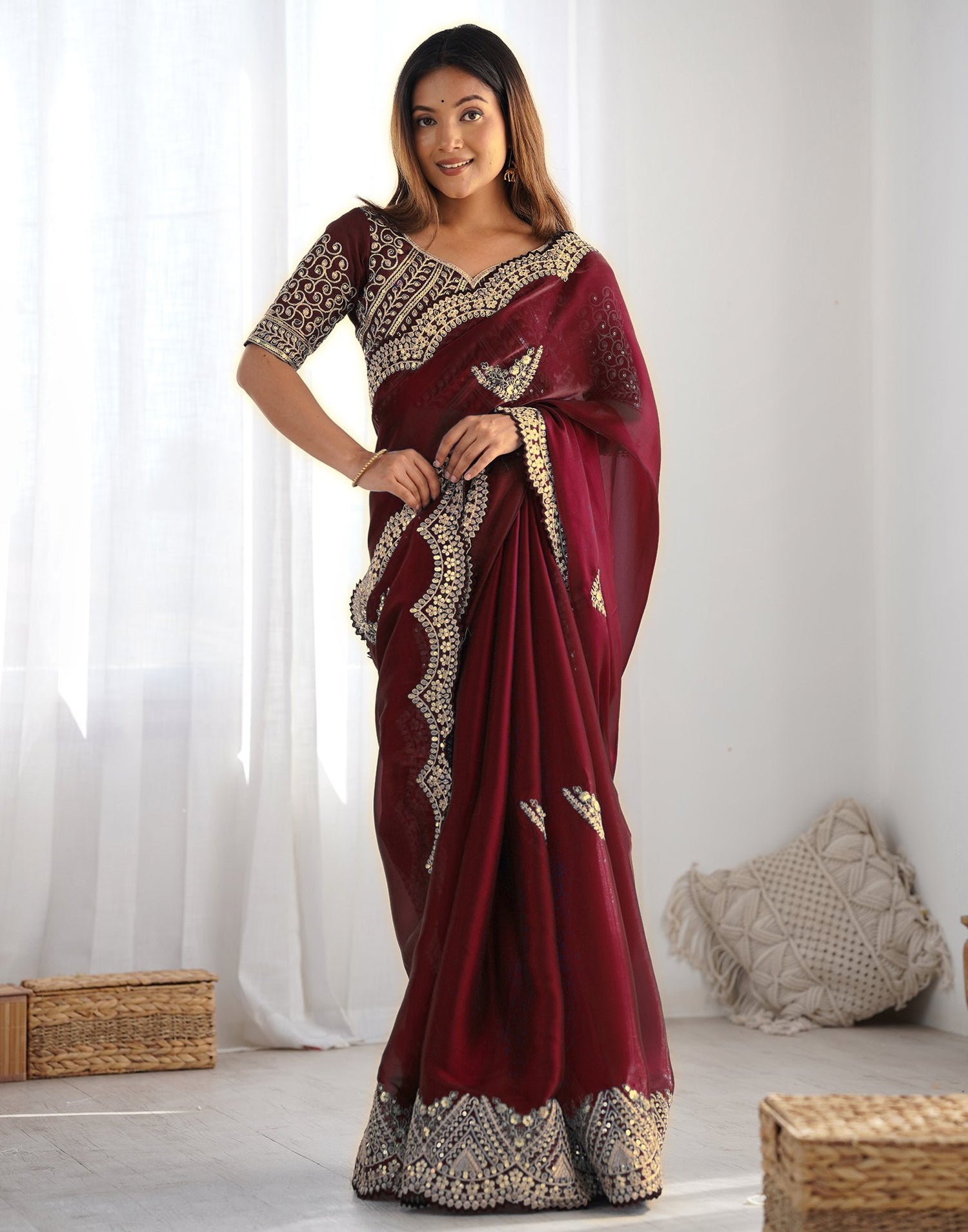 Brown Tissue Silk Sequence Embroidery Saree