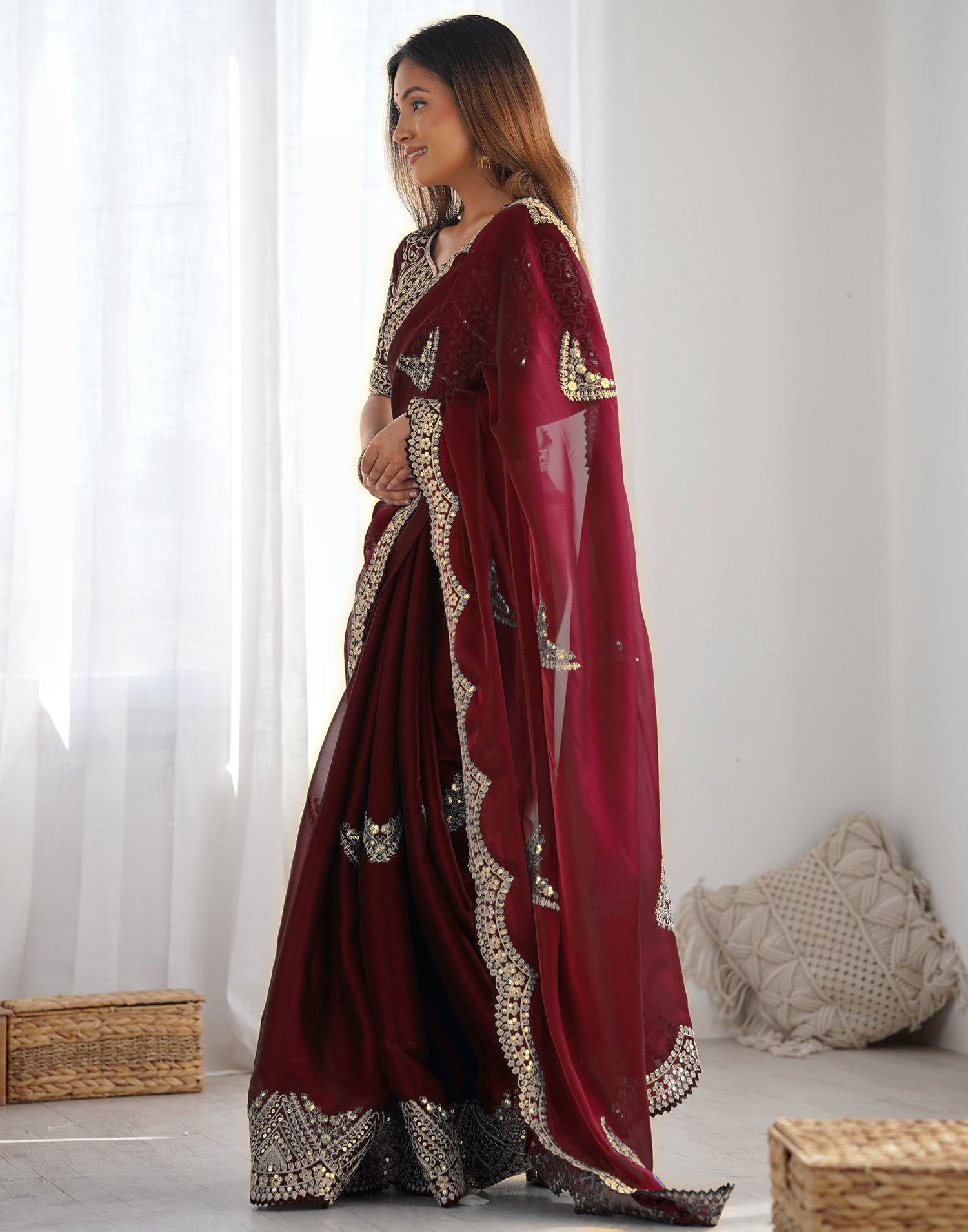 Brown Tissue Silk Sequence Embroidery Saree