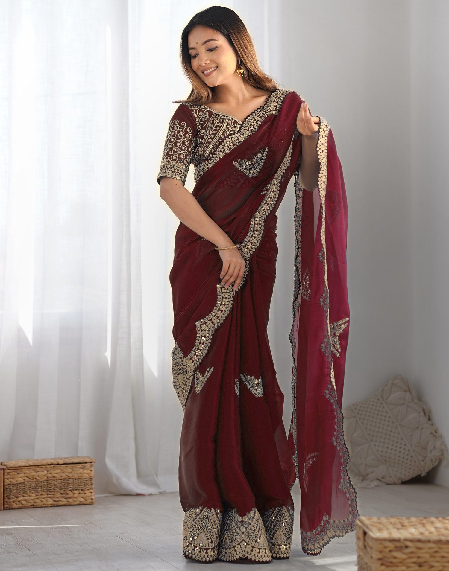Brown Tissue Silk Sequence Embroidery Saree