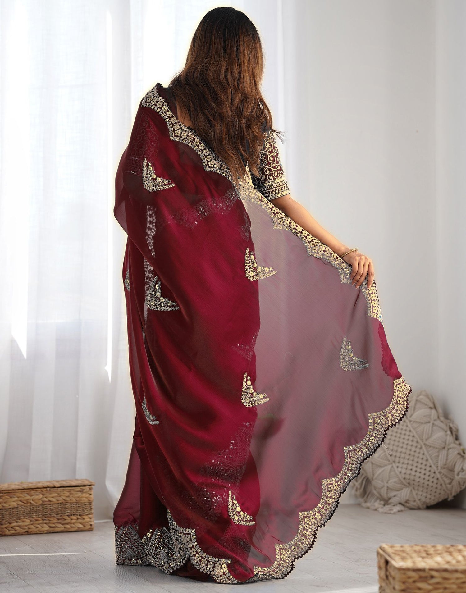 Brown Tissue Silk Sequence Embroidery Saree