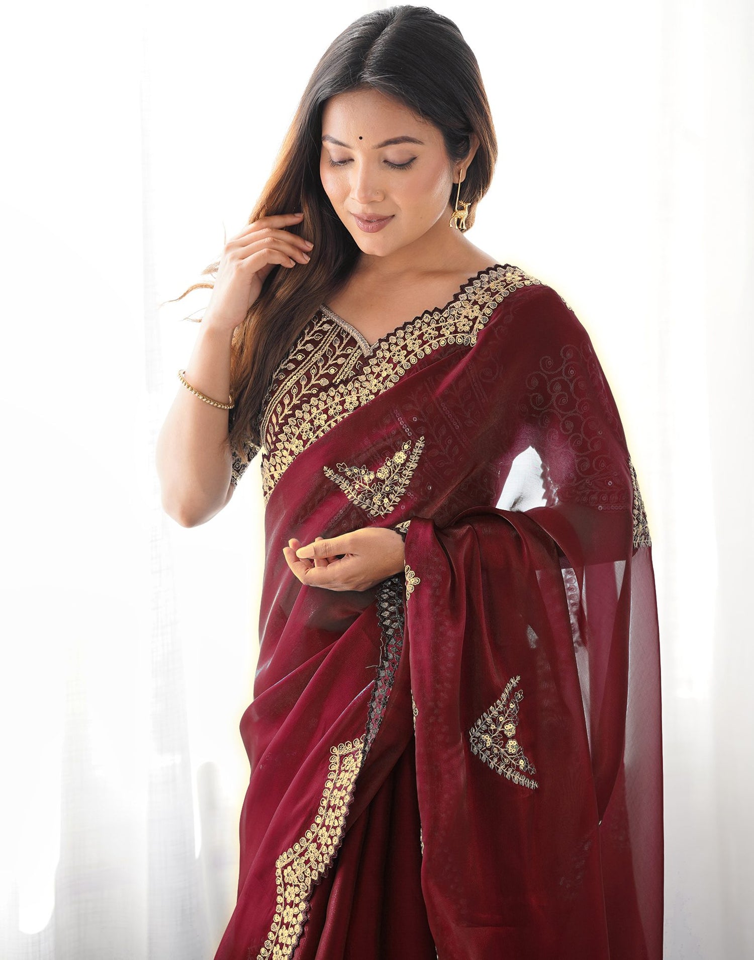 Brown Tissue Silk Sequence Embroidery Saree