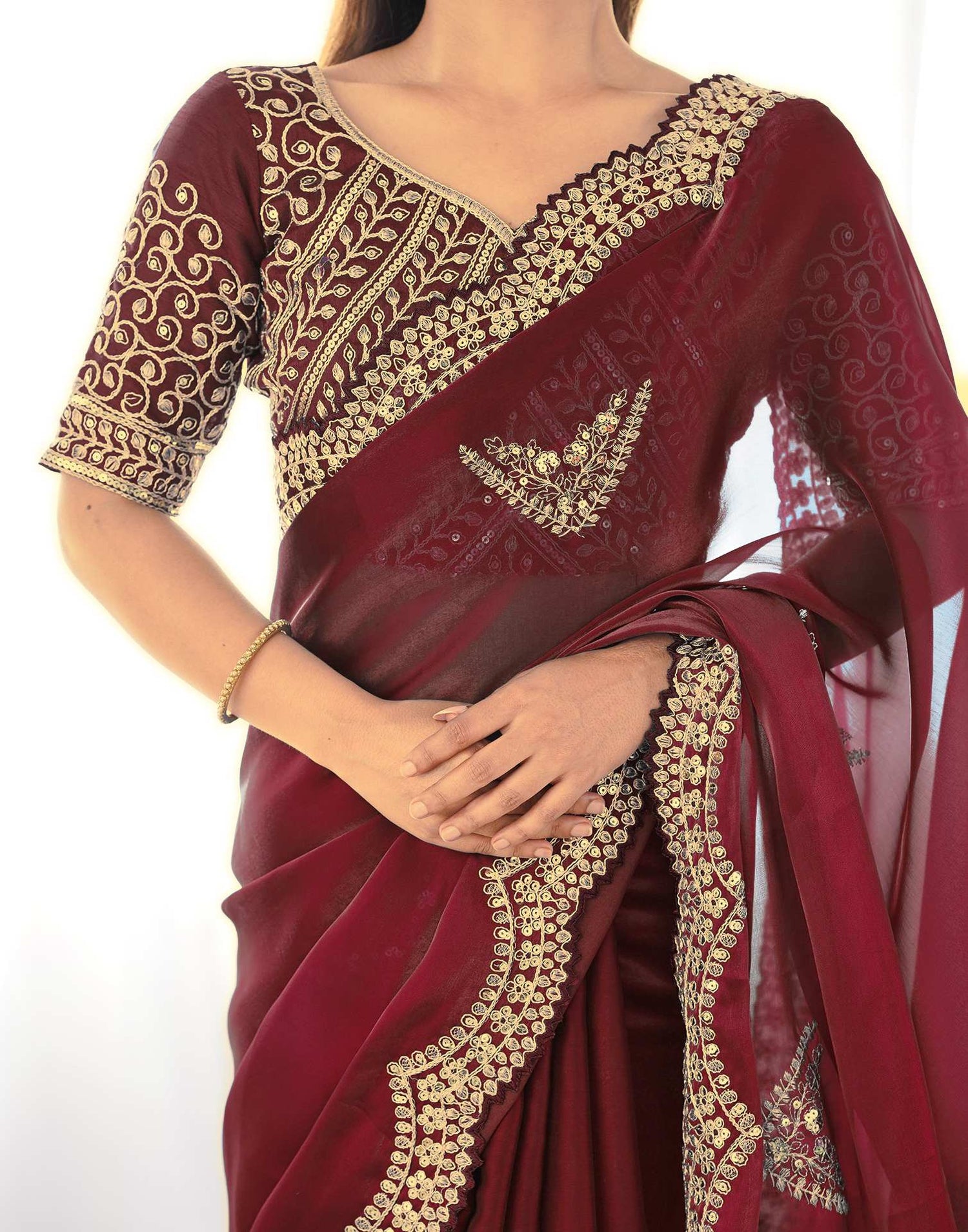 Brown Tissue Silk Sequence Embroidery Saree