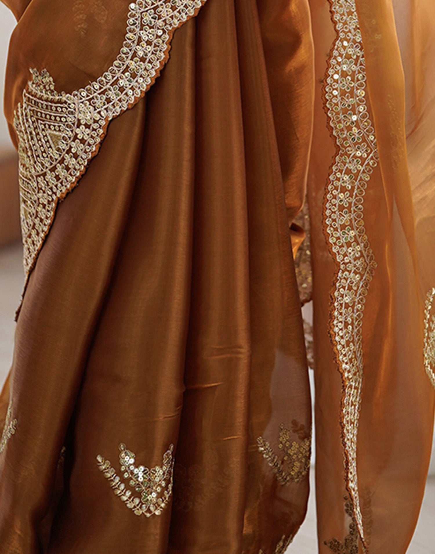 Brown Tissue Silk Sequence Embroidery Saree