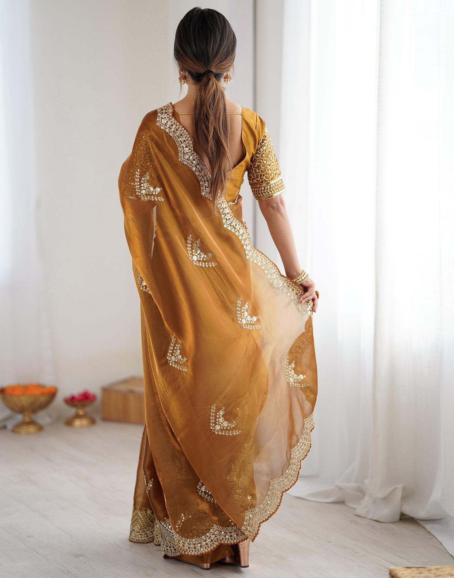 Brown Tissue Silk Sequence Embroidery Saree
