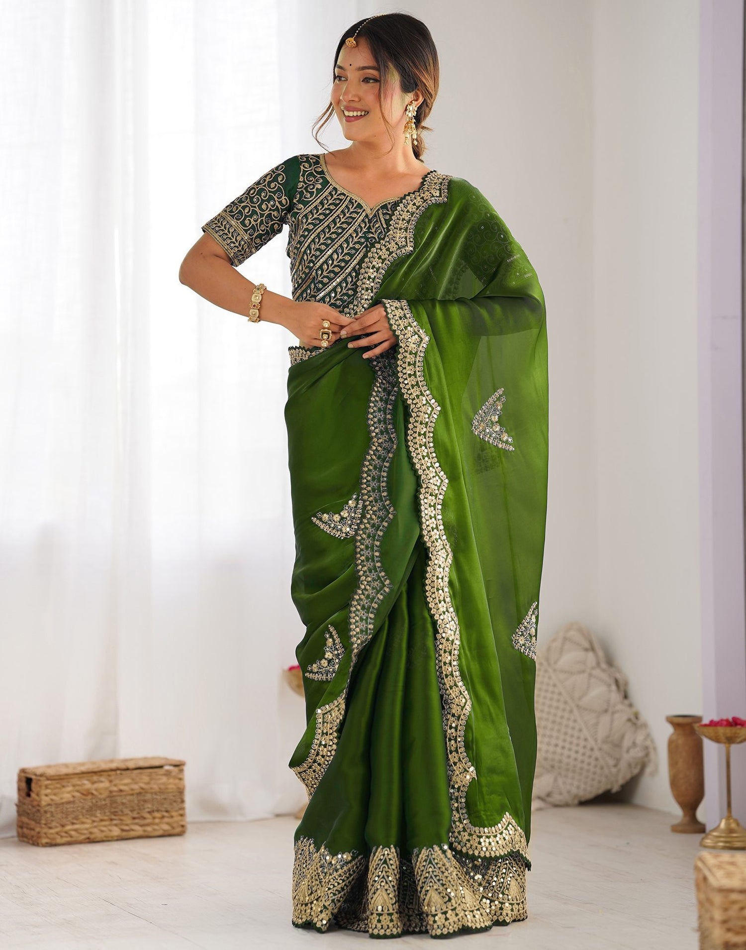 Mehandi Green Tissue Silk Sequence Embroidery Saree