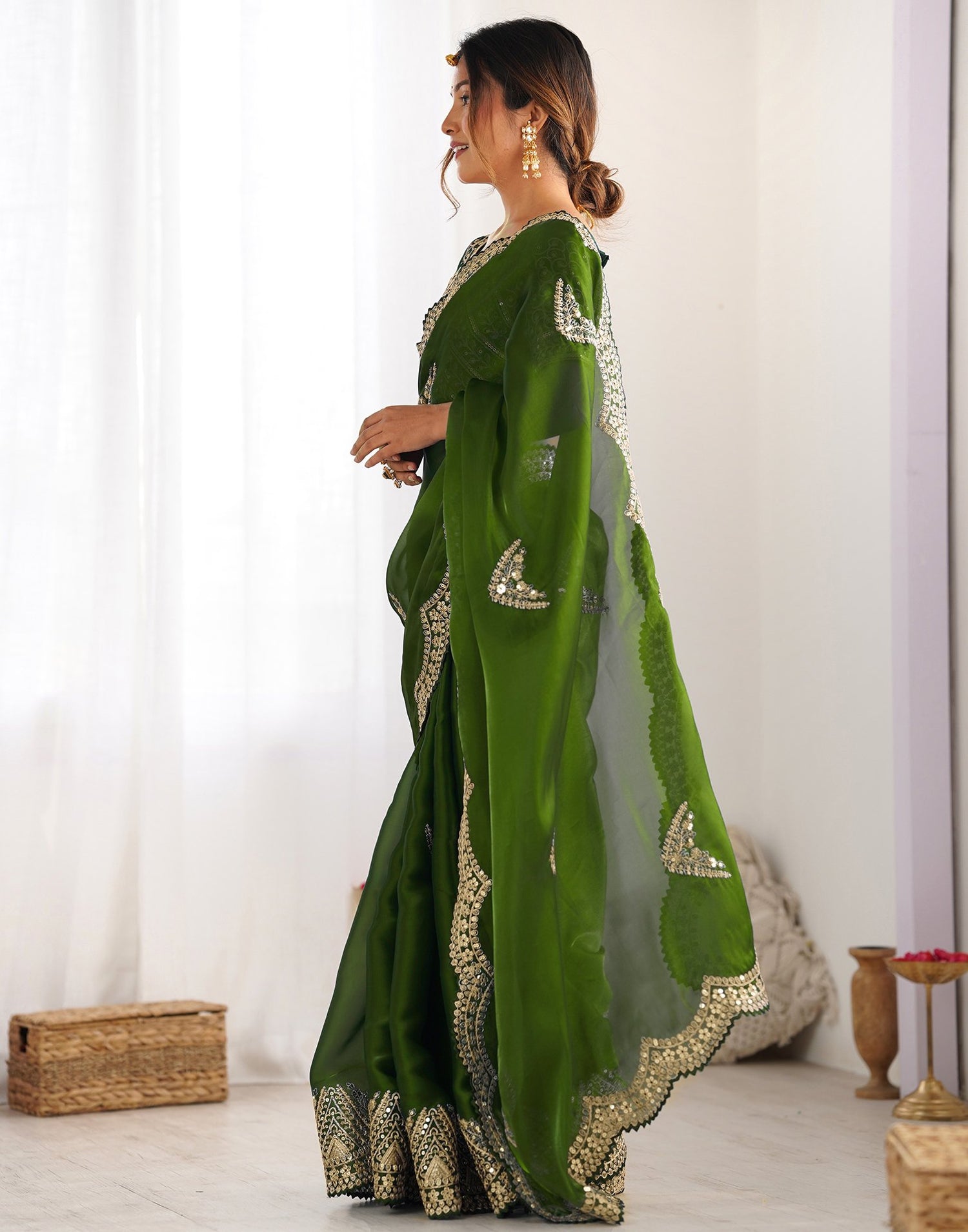 Mehandi Green Tissue Silk Sequence Embroidery Saree