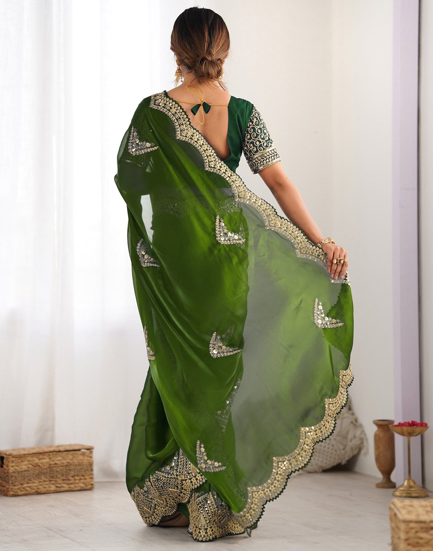 Mehandi Green Tissue Silk Sequence Embroidery Saree