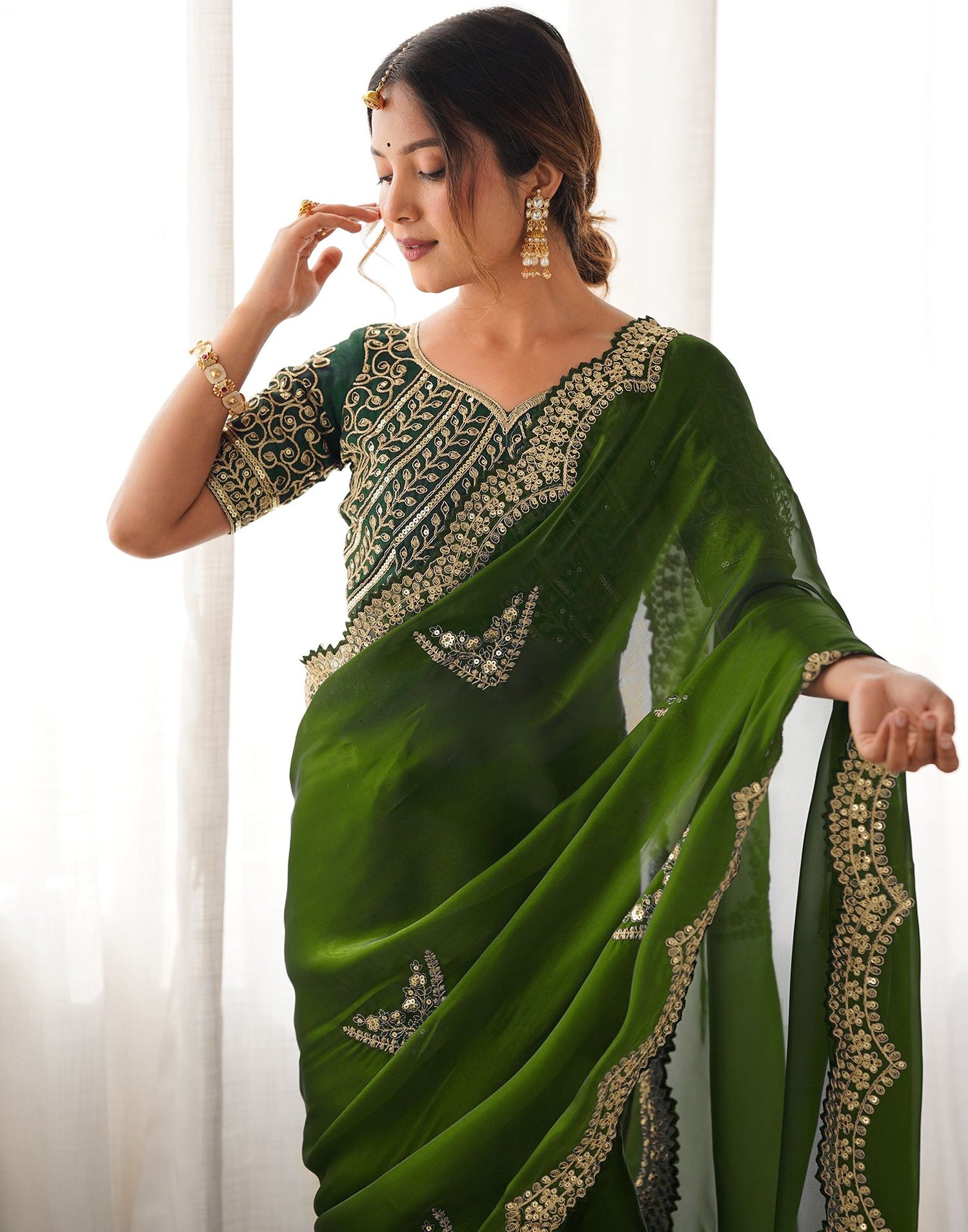 Mehandi Green Tissue Silk Sequence Embroidery Saree