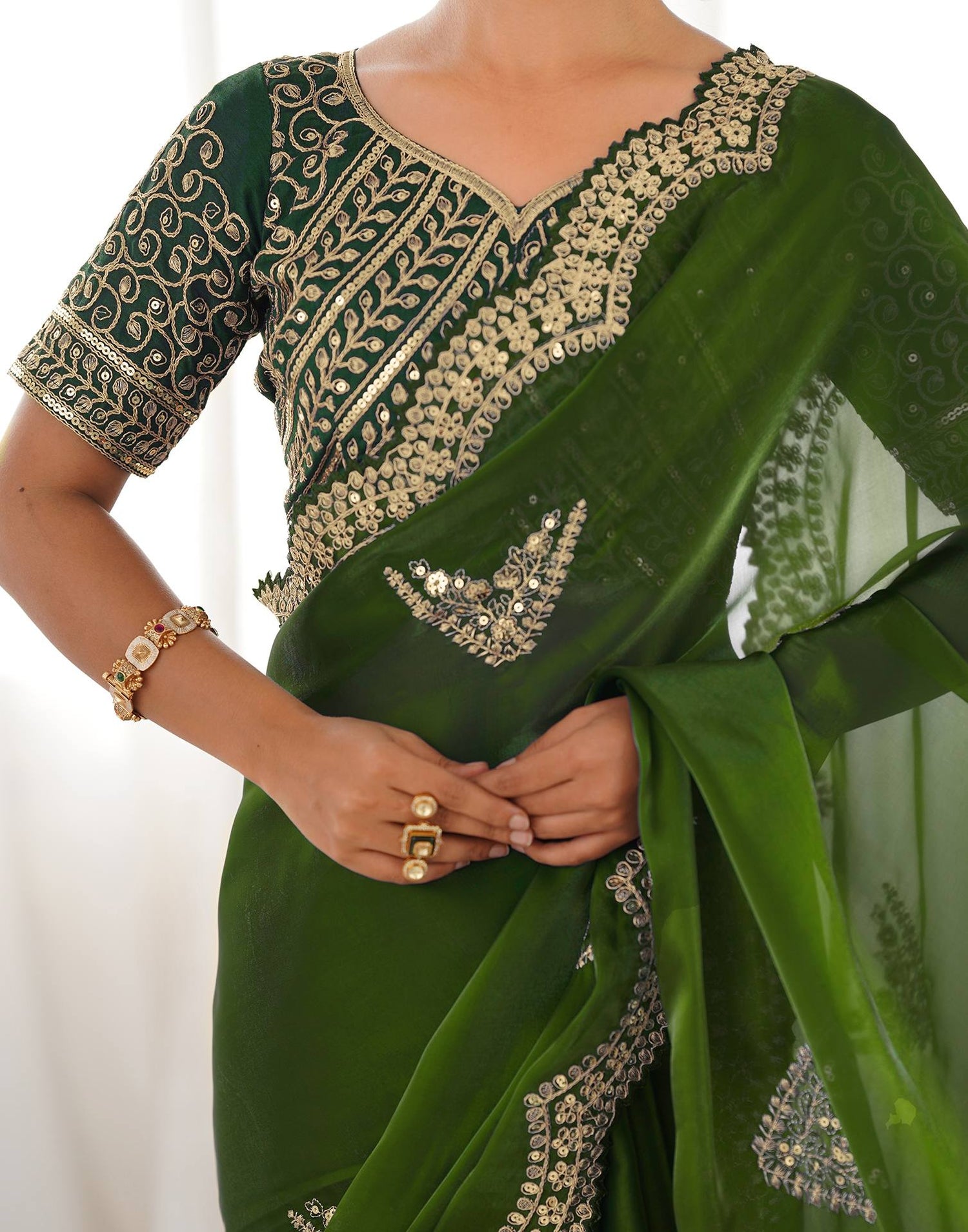 Mehandi Green Tissue Silk Sequence Embroidery Saree