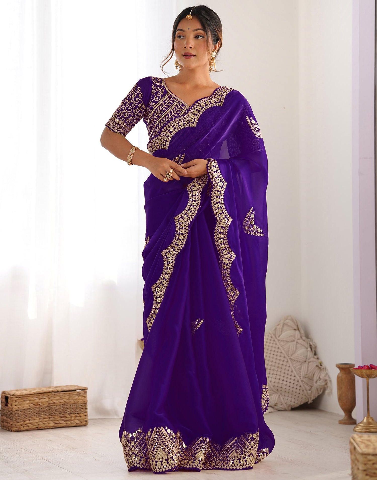 Dark Purple Tissue Silk Sequence Embroidery Saree