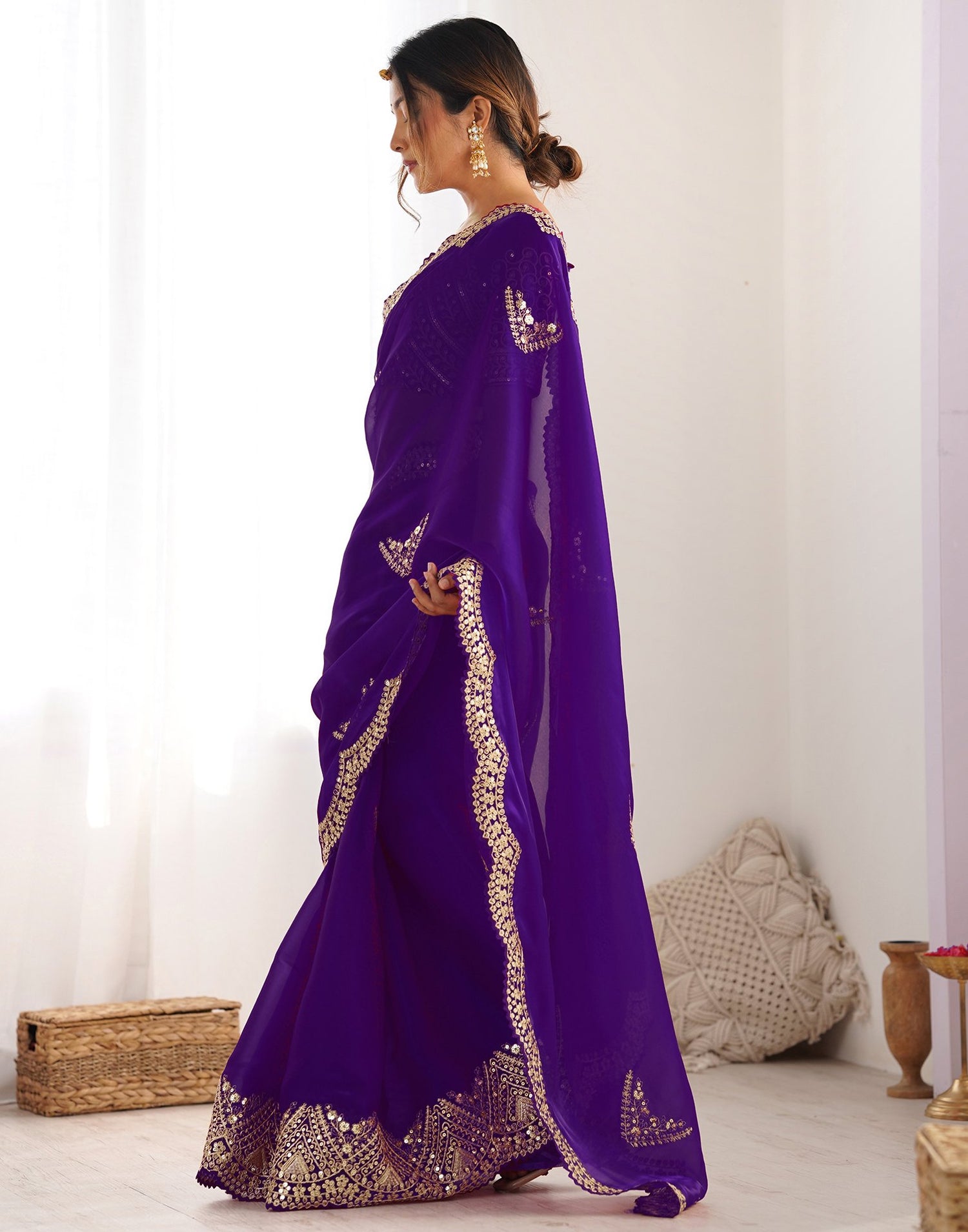 Dark Purple Tissue Silk Sequence Embroidery Saree