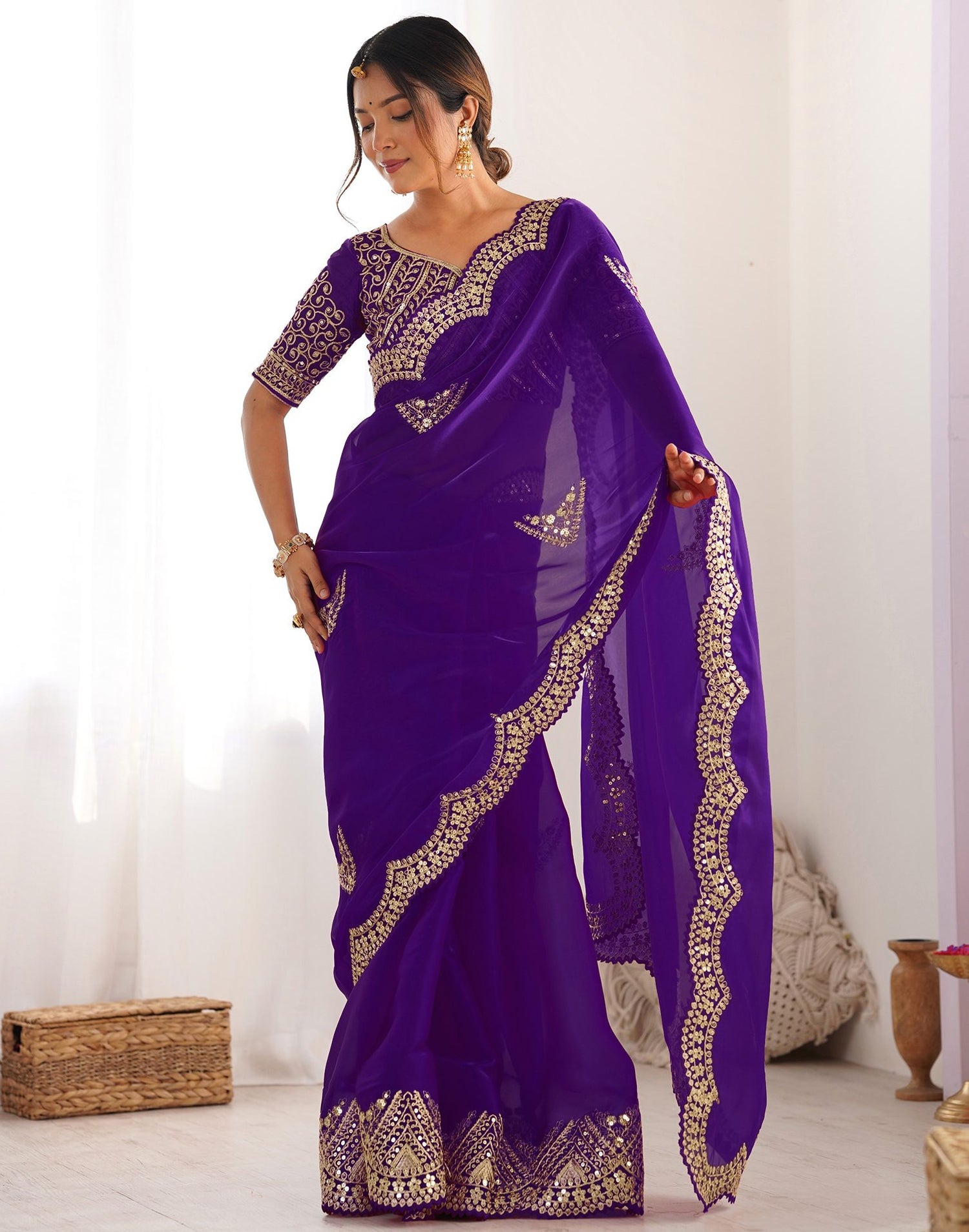 Dark Purple Tissue Silk Sequence Embroidery Saree