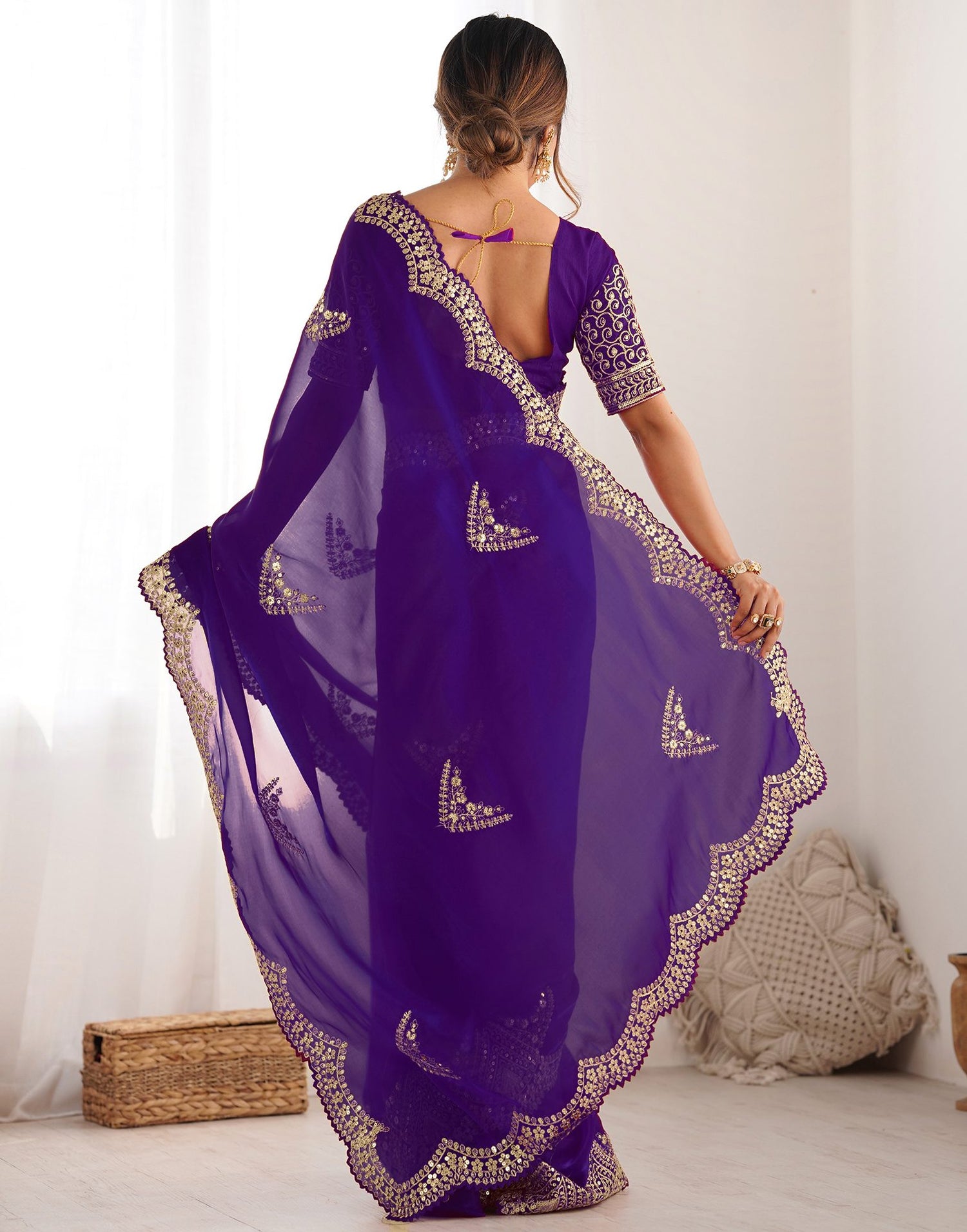 Dark Purple Tissue Silk Sequence Embroidery Saree
