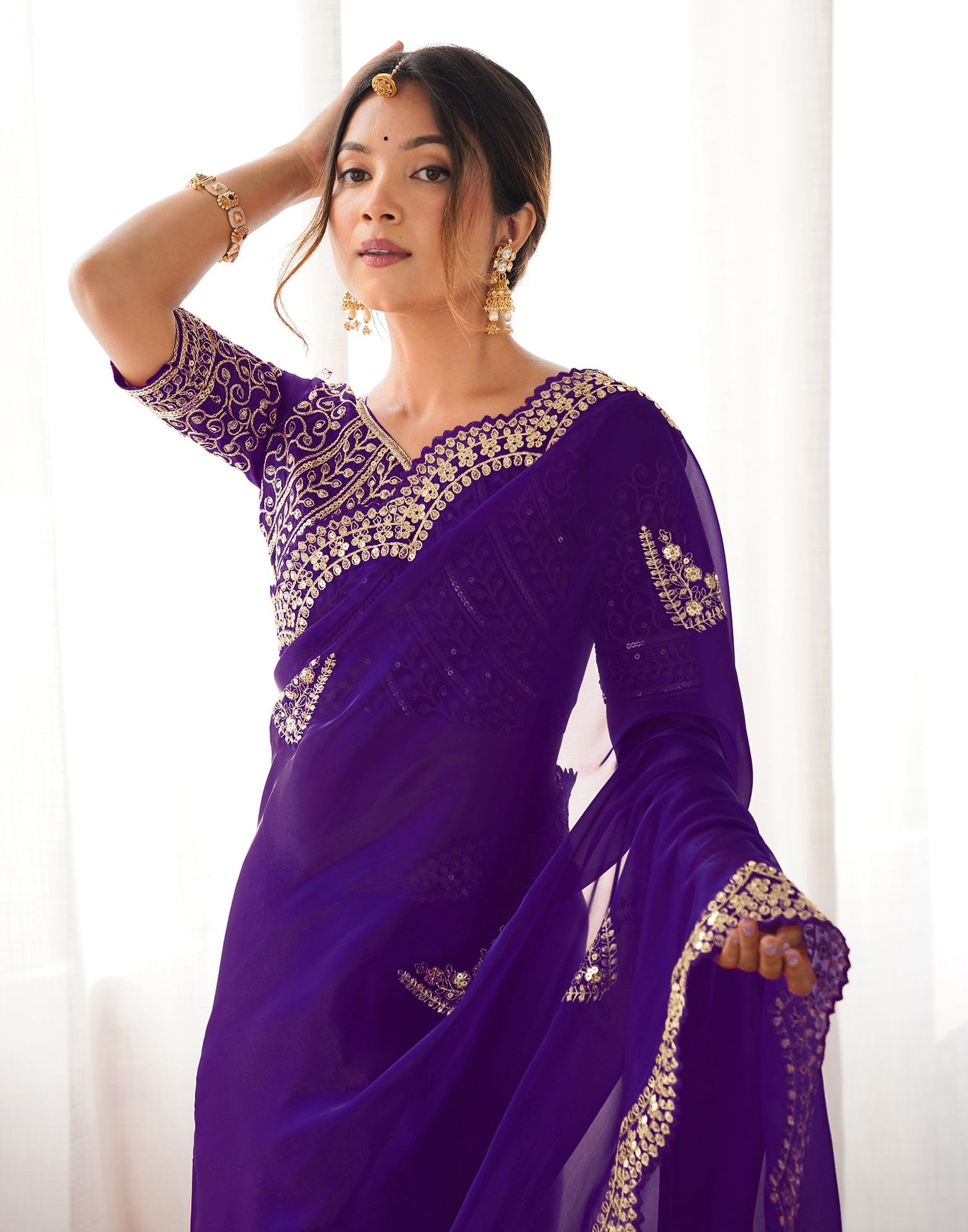 Dark Purple Tissue Silk Sequence Embroidery Saree