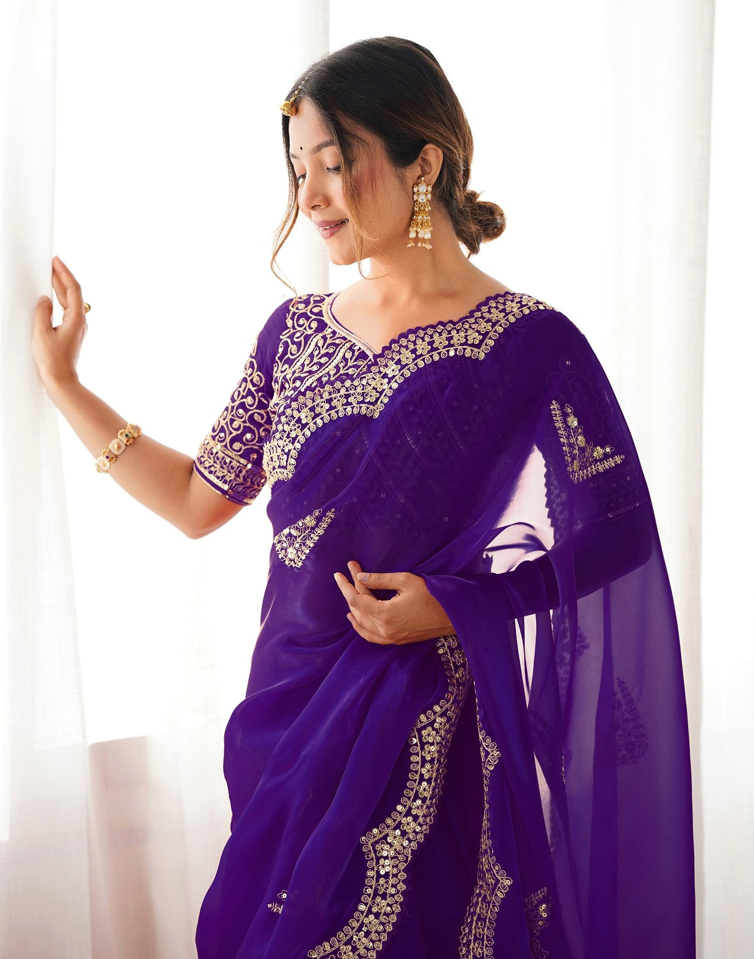 Dark Purple Tissue Silk Sequence Embroidery Saree