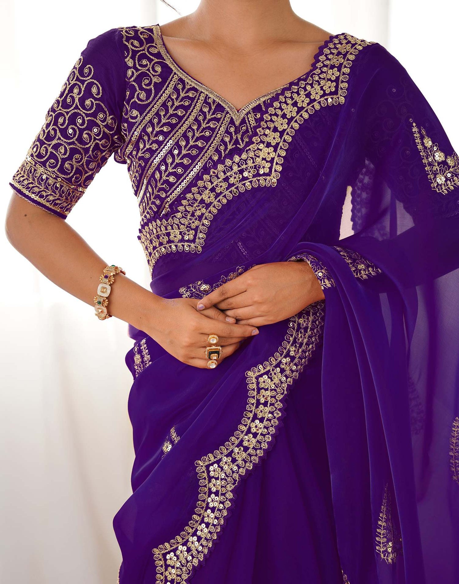 Dark Purple Tissue Silk Sequence Embroidery Saree