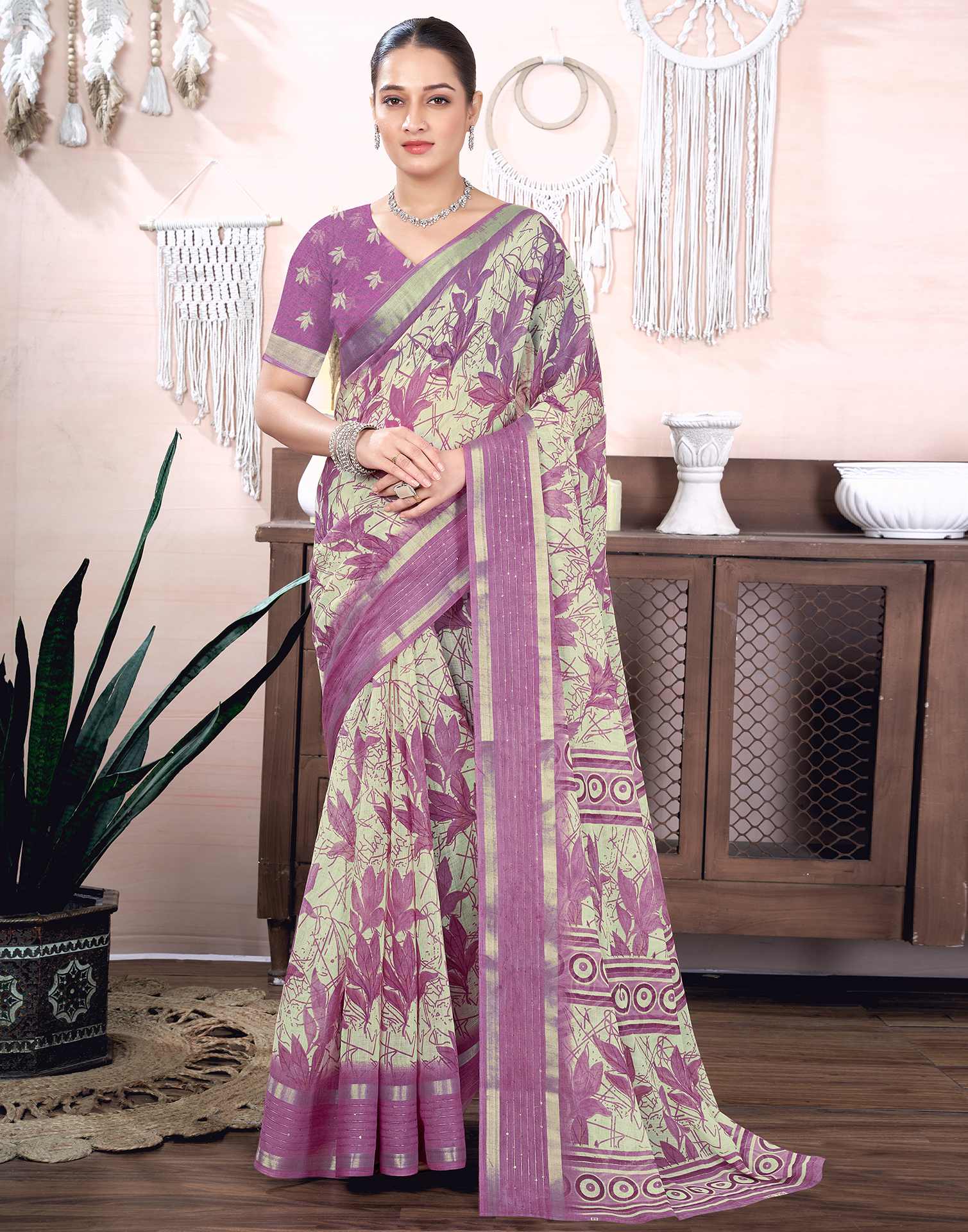 Dusty Purple Cotton Linen Printed Saree